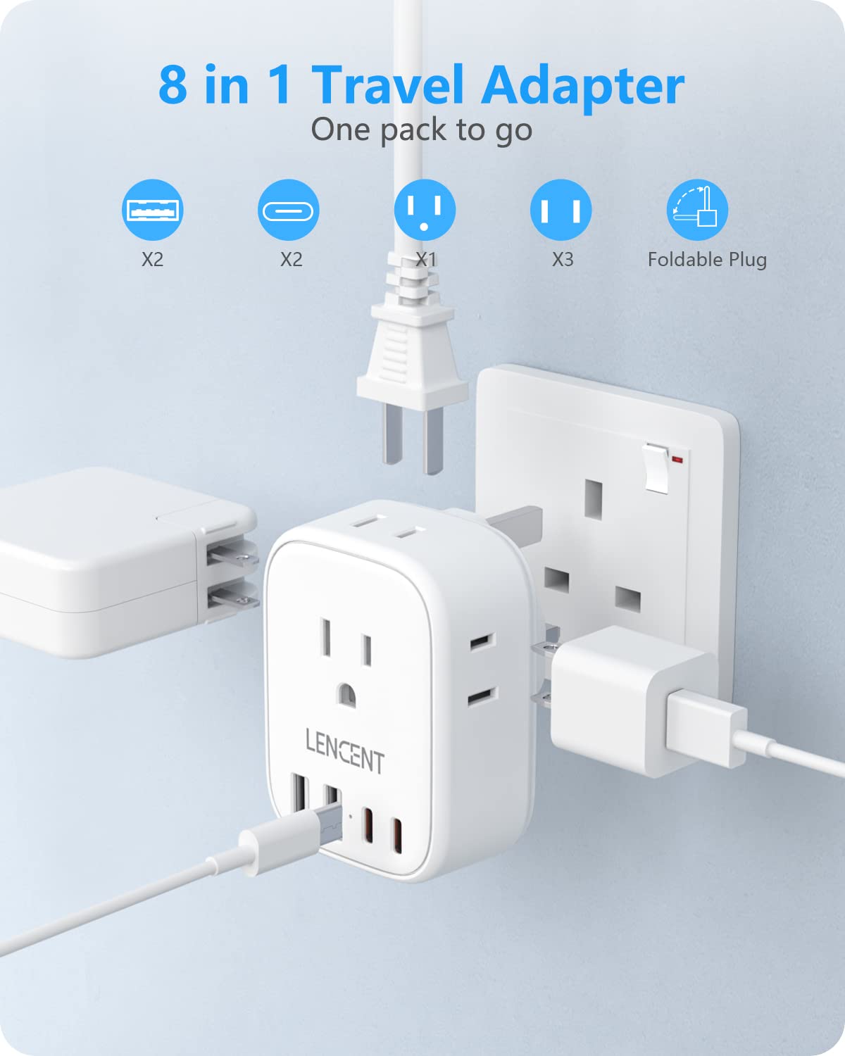 2 Pack Canada to UK Plug Adapter, LENCENT Type G Travel Adapter with 4 USB Charger(2 USB C), 4 Outlets Converter,8 in 1 Ireland Plug Adaptor for US CA to Dubai Scotland British England Hong Kong