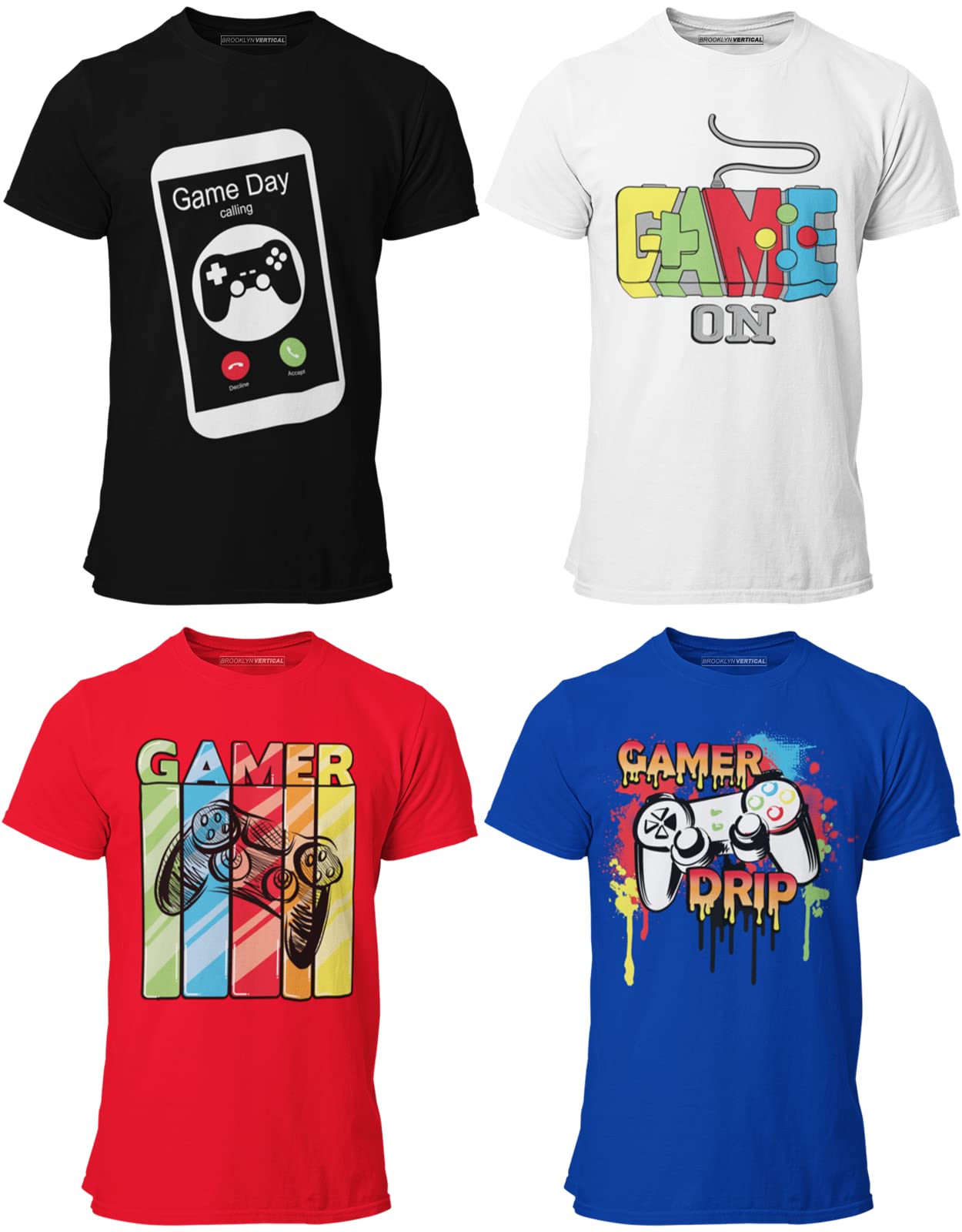 BROOKLYN VERTICAL 4-Pack Boys Short Sleeve Crew Neck T-Shirt with Chest Print | Soft Cotton Sizes 6-20, Combo D, X-Large