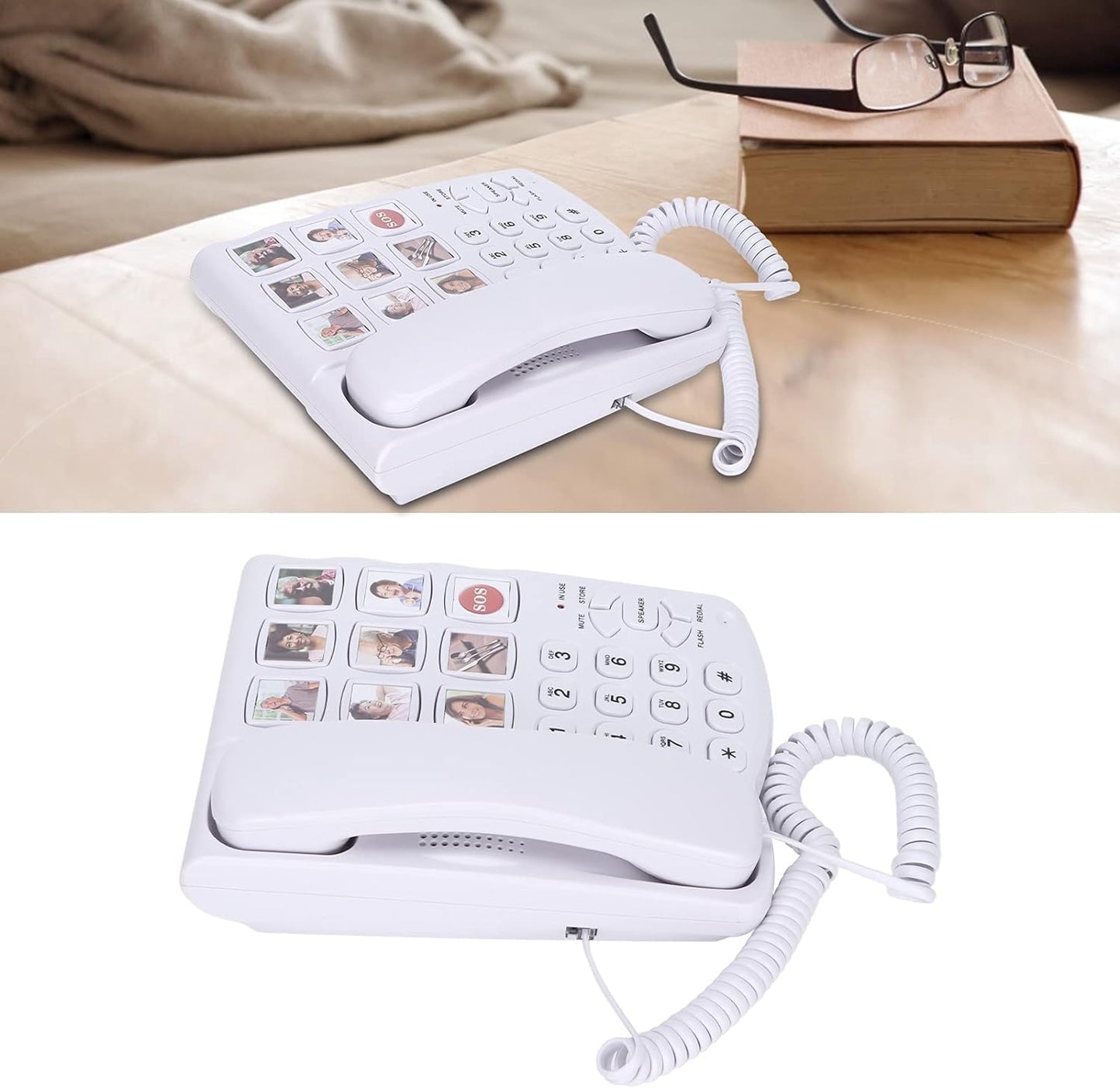 Corded Landline Phone for Seniors, Photo Memory One-Touch Speed Dial, SOS Button, Loud Amplified Ringer, Big Button Desk & Wall Telephone for Elderly with Dementia & Alzheimer, No Wi-Fi Needed (White)