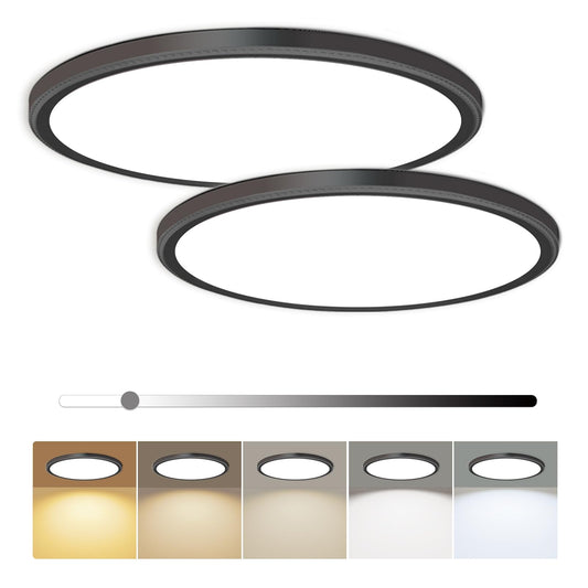 2 Pack 12 Inch LED Flush Mount Ceiling Light Fixture 28W 3200LM Dimmable 5 Color Temperature in One 3000K/3500K/4500K/5000K/6000K Slim Round Ceiling Lamp for Living Bedroom Kitchen Laundry Black