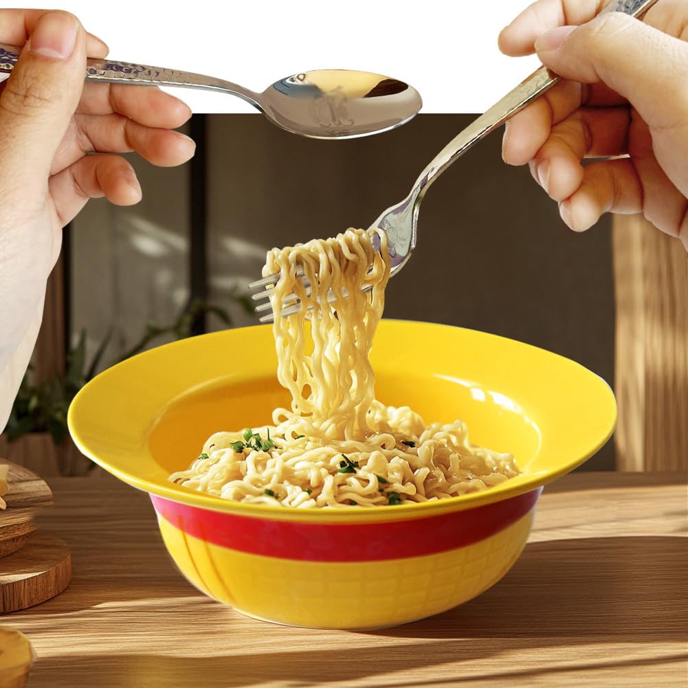 Straw Hat Ceramic Bowl Set w/Spoon Fork & Chopsticks - Novelty Ramen Bowl