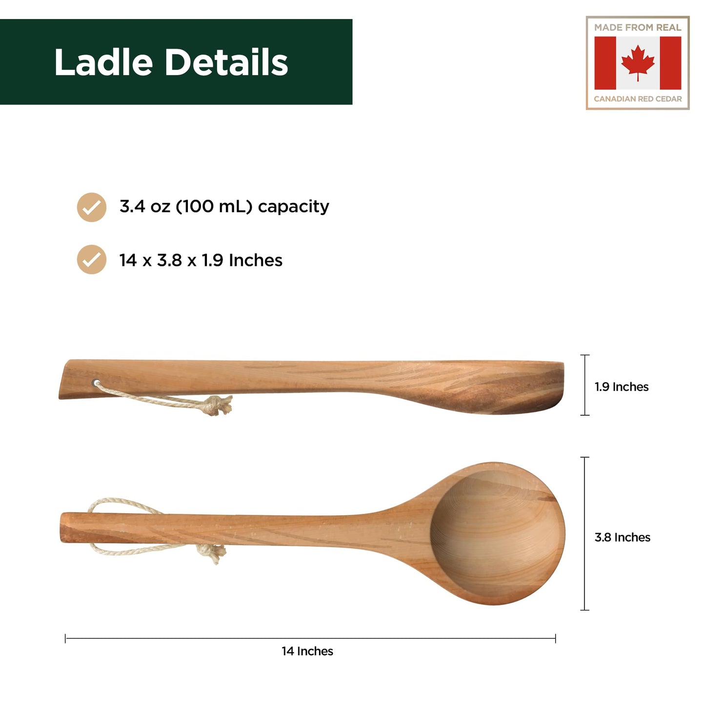Northwood Sauna - Sauna Ladle - Handmade from Canadian Red Cedar Wood - Natural Rope - 14″ Handle & 100 mL (3.4 oz) Capacity Spoon