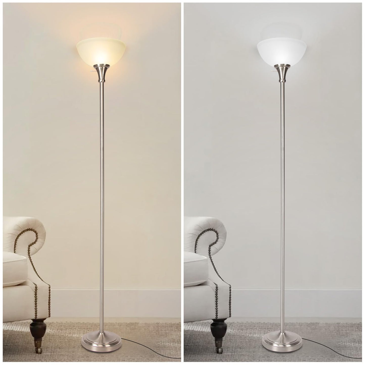 Floor Lamp Frosted White Glass Bowl Shade for Room Decor - Bedroom Decor - Brushed Nickel