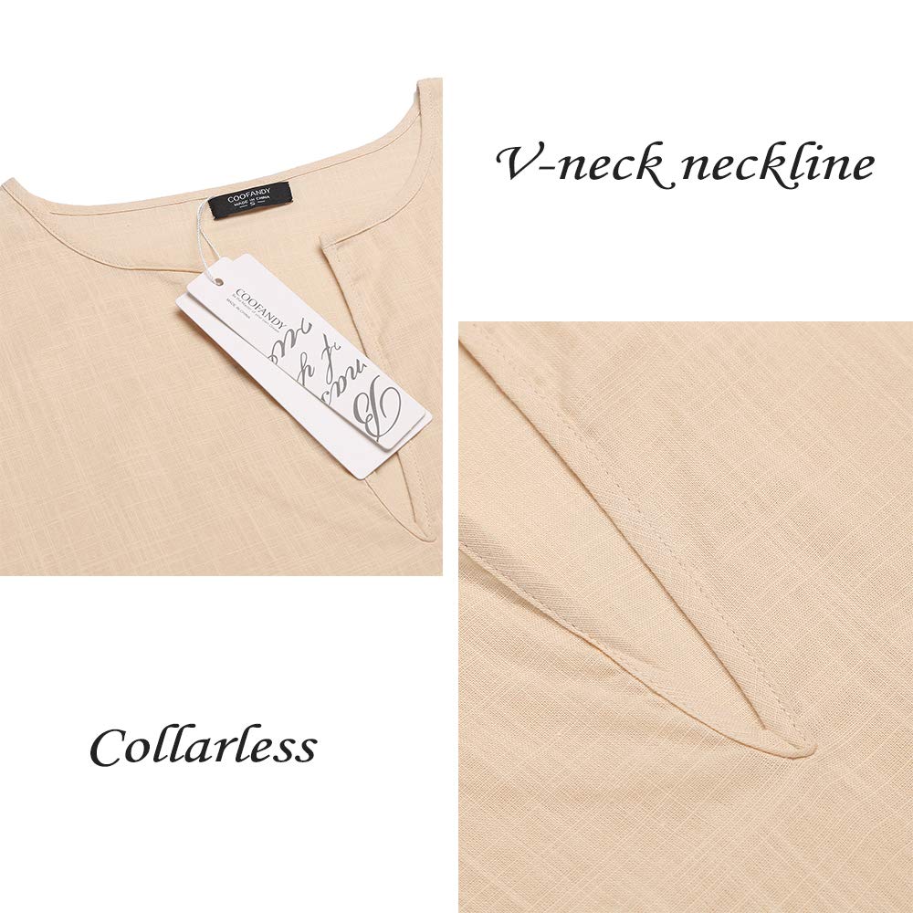 COOFANDY Men's V-Neck Linen Robe Short Sleeve Kaftan Thobe Long Gown Casual Shirt for Beach, Summer, Light Khaki, 3X-Large