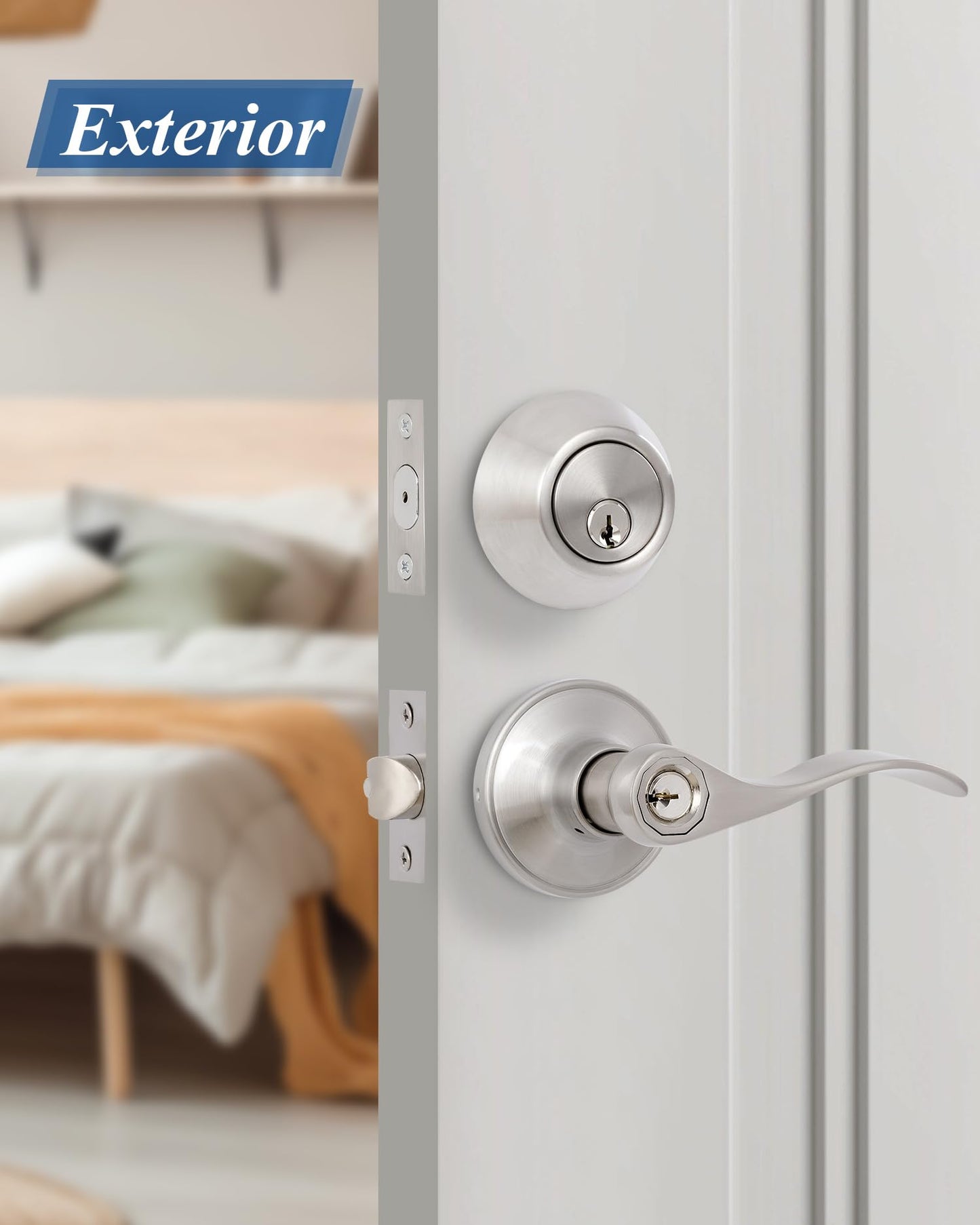（1 Pack） Keyed Alike Front Door Lever Lockset with Single Cylinder Deadbolt Combination Set， Wave Style Lever, Front Door/Exterior Door Knob with Lock and Deadbolt， Satin Nickel Finished