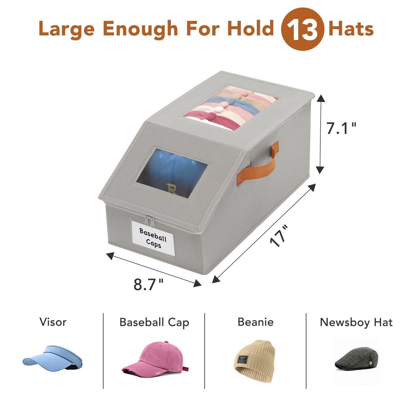 Baesyhom 4 Pcs Extra Large Hat Organizer & Storage Box for Baseball Cap with Dual Clear Windows Dust-Proof Double Zipper, Stackable Design & Sturdy Handles for Closet, Grey