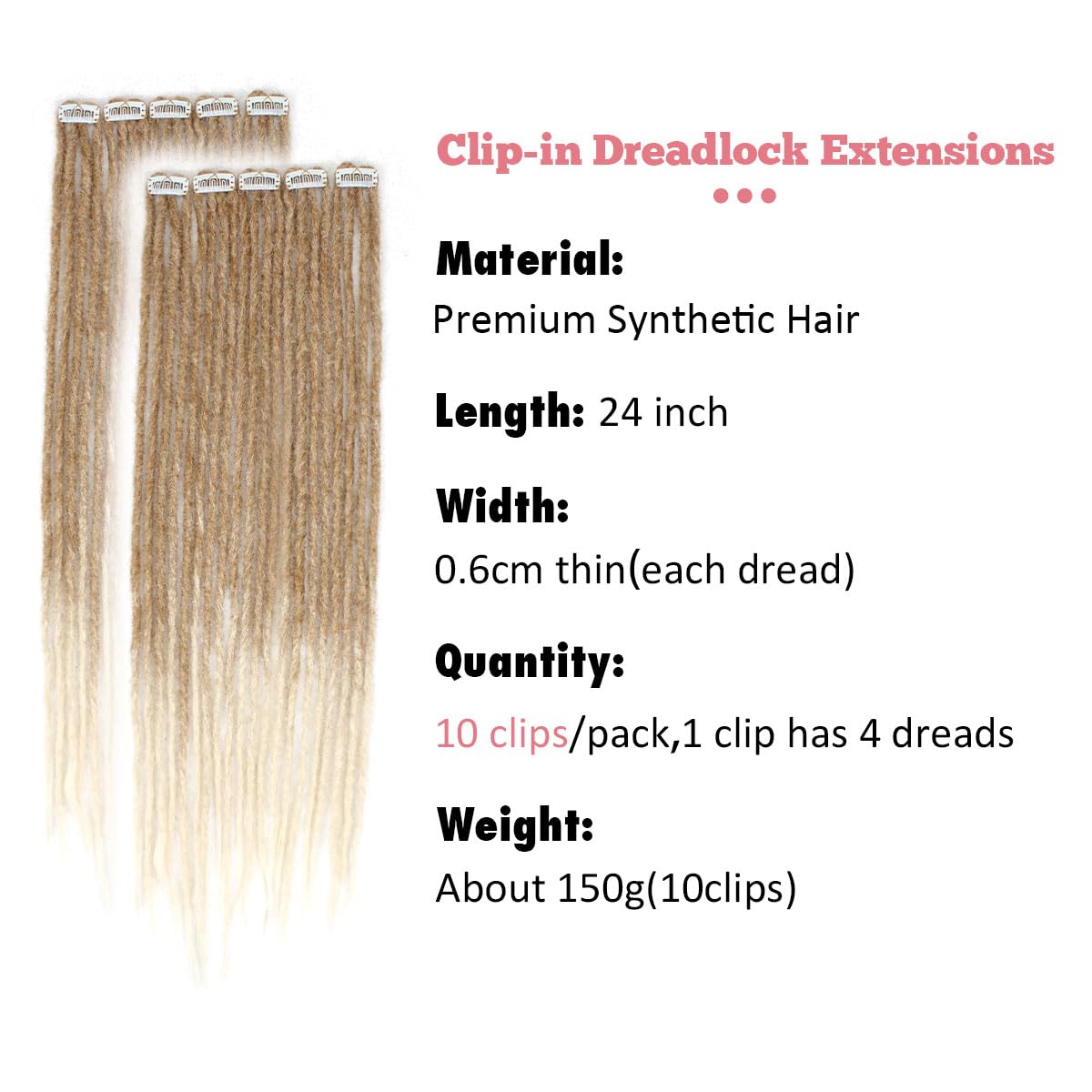24 Inch Clip in Dreadlock Hair Extensions 10Clips 40 Strands Synthetic Handmade Soft Clip In Dreads Extensions for Women,Brown/Blonde