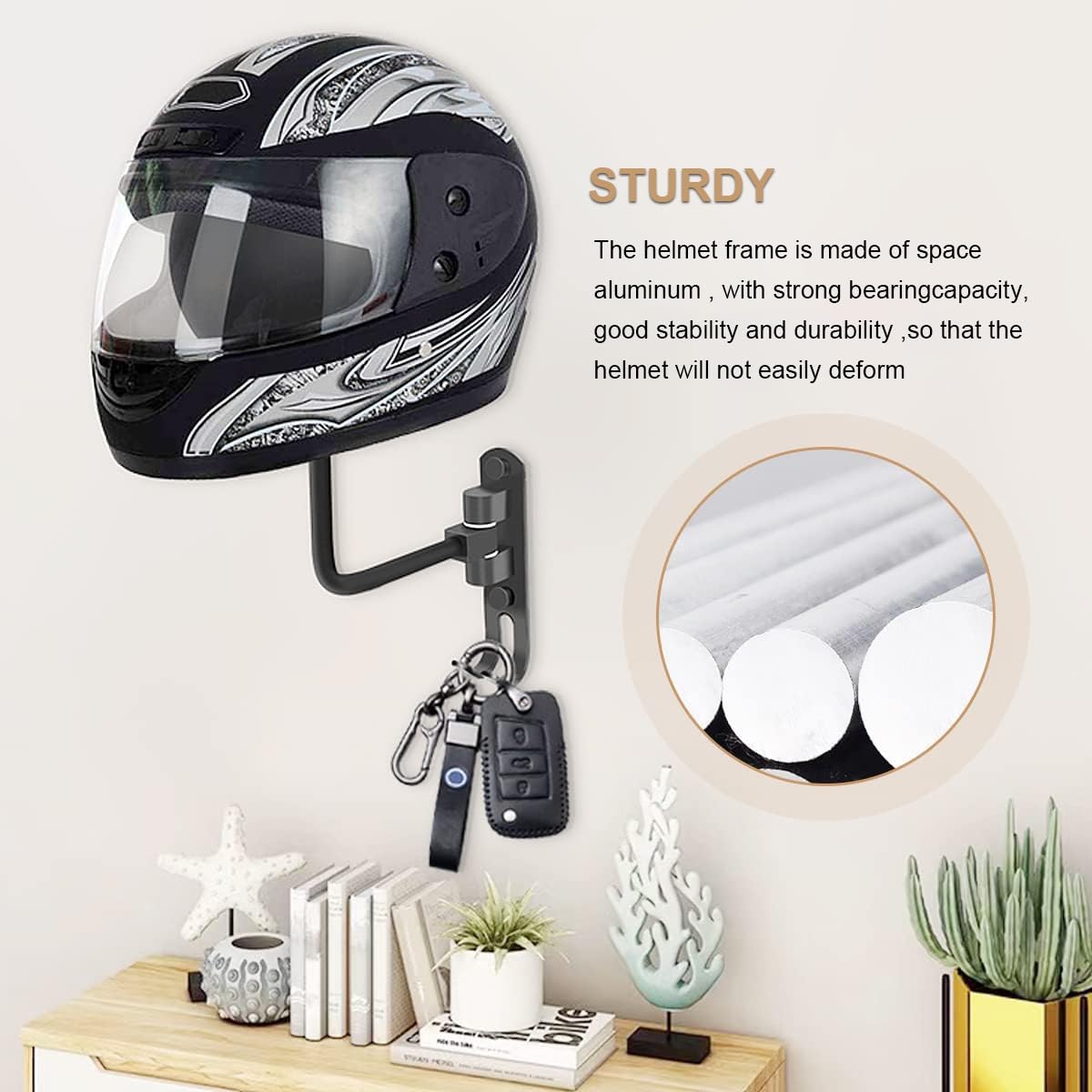 VUAOHIY Helmet Holder 4 Pack, Motorcycle Helmet Rack Helmet Stand Wall Mount 180° Rotation Helmet Hanger with 2 Hook for Caps, Coat, Hats, Motorcycle Accessories