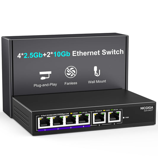 10Gbe Ethernet Switch Unmanaged with 2 x 10Gb RJ45 Ports ➕ 4 x 2.5Gb Base-T Ports, Desktop/Wall Mount NICGIGA 6 Port 10Gbps Network Switch for Wireless AP, NAS, PC