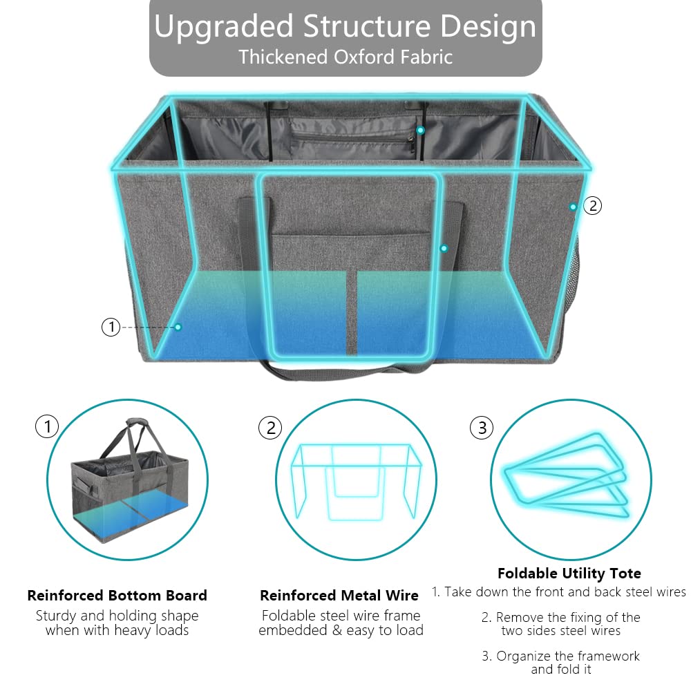 Vomgomfom 50L Extra Large Utility Tote Bag for Men Women, Resuable Grocery Bag with Collapsible Steel Wire Frame, Pool Beach Basket for Shopping, Beach, Picnic, Laundry (Gray)