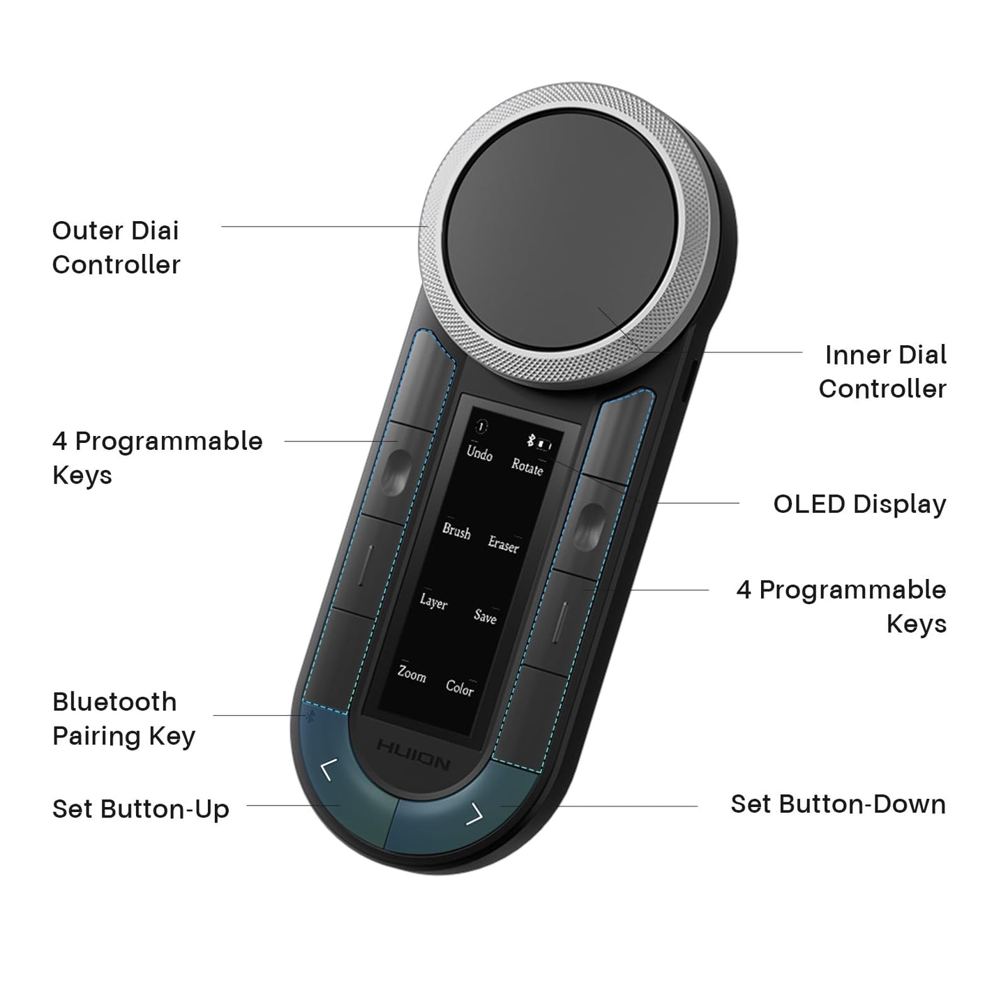 HUION Keydial Remote Bluetooth Programmable Keypad with Dual Dials 60 Customized Keys, OLED Display Macro Keypad Work with PC, Mac, Mobile, One-Hand Shortcut Keyboard for Drawing Tablet, Laptops