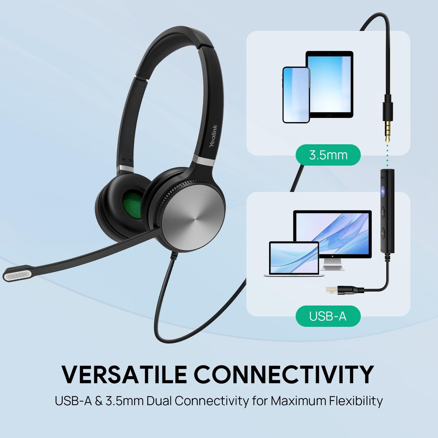 Yealink UH36 Professional Wired Headset - Telephone Headphones for Calls and Music, Noise Cancelling Headset with Mic for Computer PC Laptop（UC Compatible, Stereo,3.5mm Jack/USB Connection）