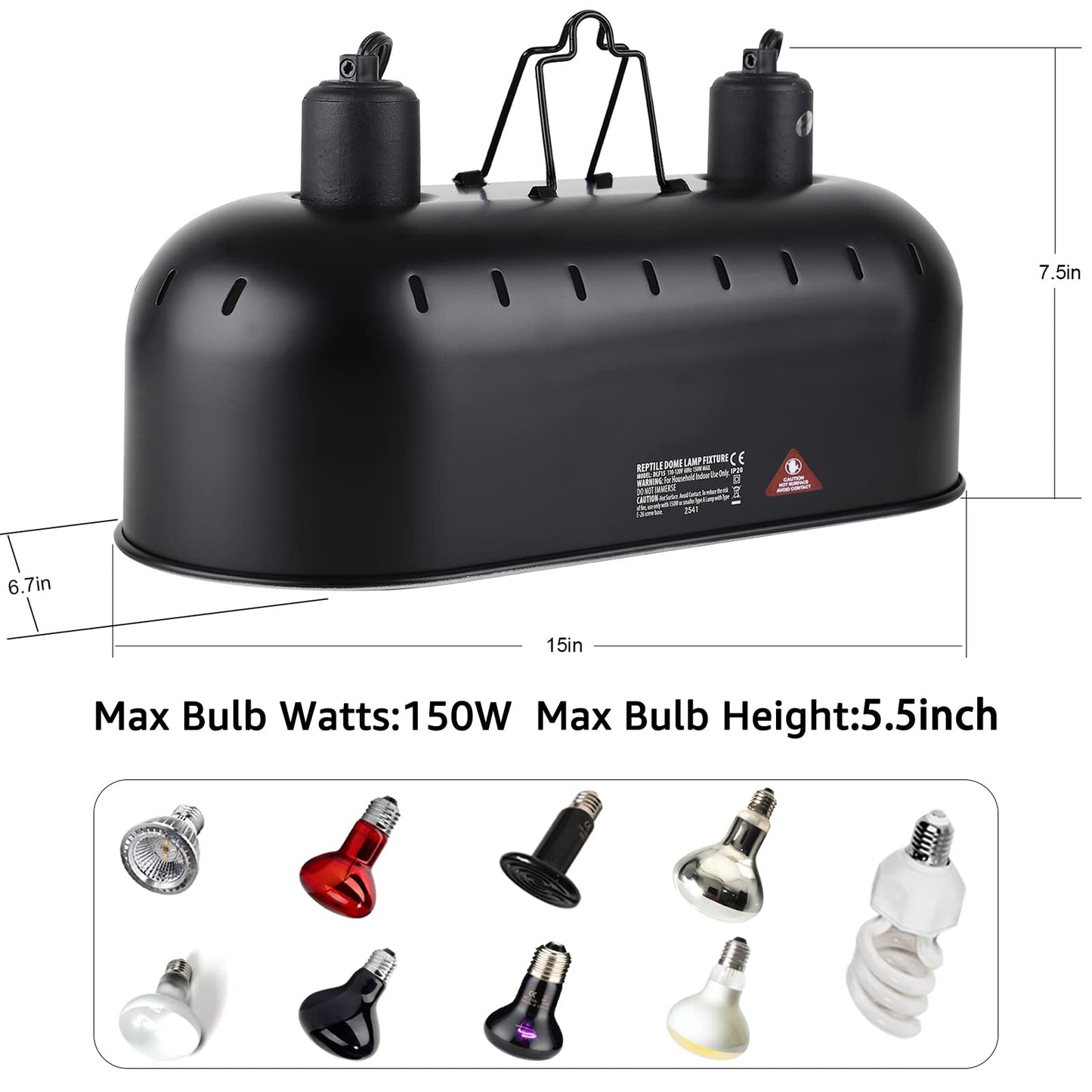 DXOPHIEX 15inch Dual Reptile Light Fixture, Max 150W Dual Reptile Heat Lamp with Separate Switches, Double Dome Lamp UVB Light Fixture for Bearded Dragon, Turtles, Snake and Lizard Terrarium
