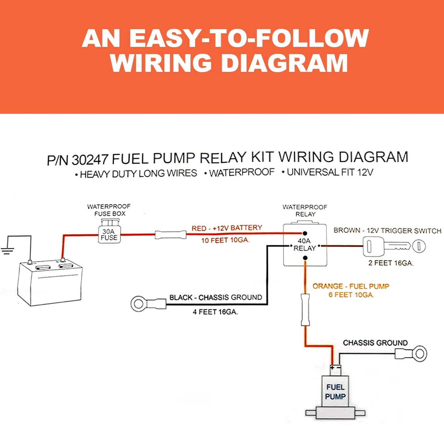 DUZFOREI Electric Fuel Pump Relay Kit Fuel Pump Wiring Harness 40 AMP Heavy Duty Long Wires Fit for 12V System P/N 30247