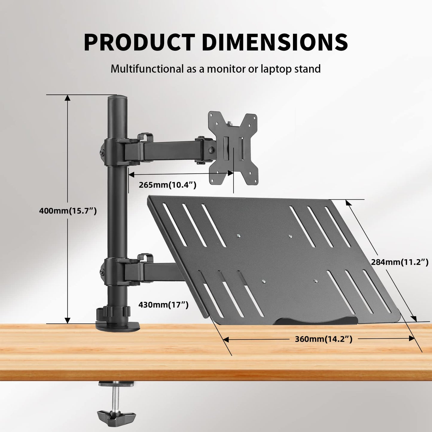 Suptek Full Motion Computer Monitor and Laptop Riser Desk Mount Stand, Height Adjustable (400mm), Fits 13-27" Screen and up to 17" Notebooks, VESA 75/100, up to 22lbs for Each (MD6432TP004)