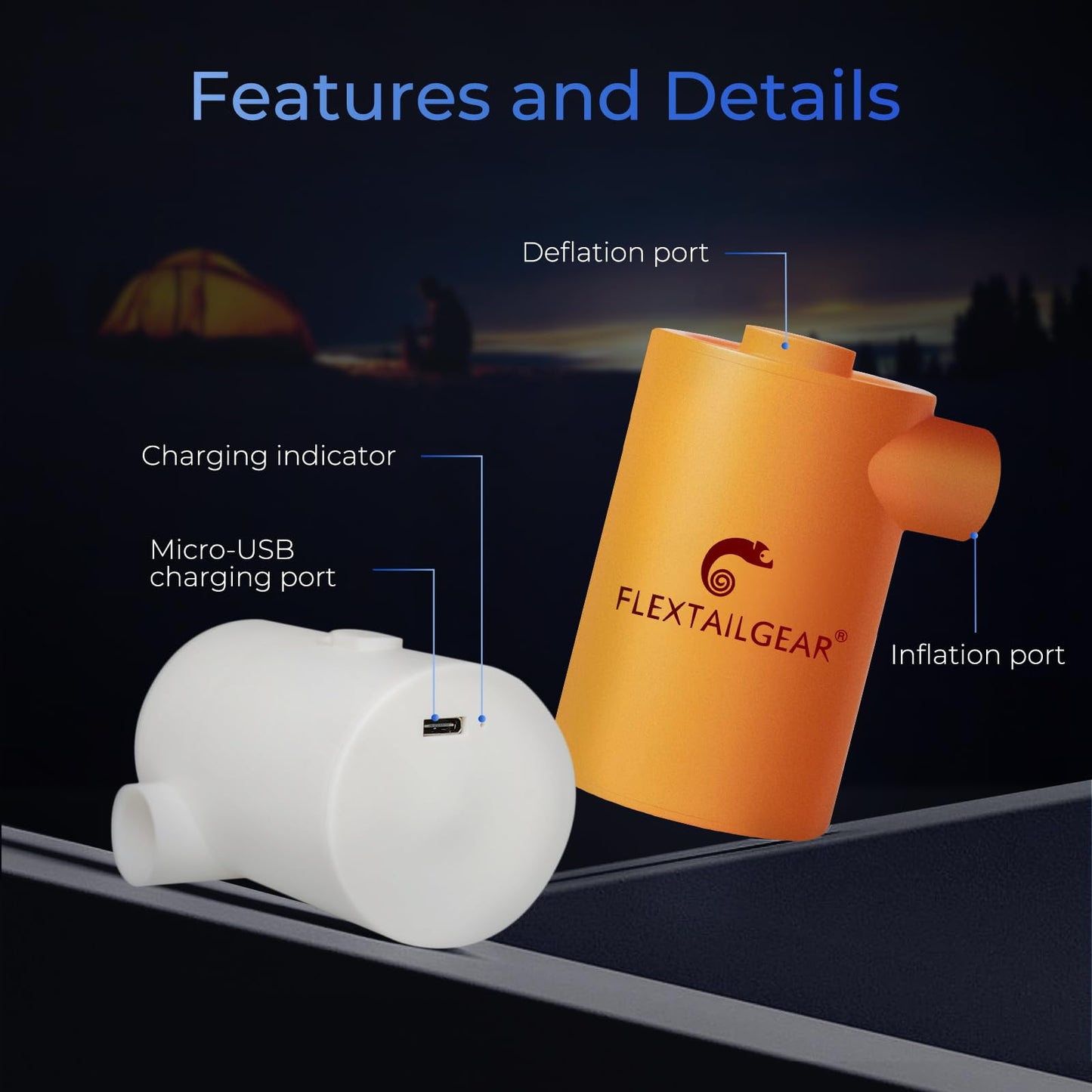 FLEXTAILGEAR MAX Pump 2020 Portable Air Pump with 3600mAH Battery USB Rechargeable Air Pump Inflate Deflate for Air Mattress, Pool Toys, Floats, Swimming Ring, Air Bed, Vacuum Storage Bags (Orange)