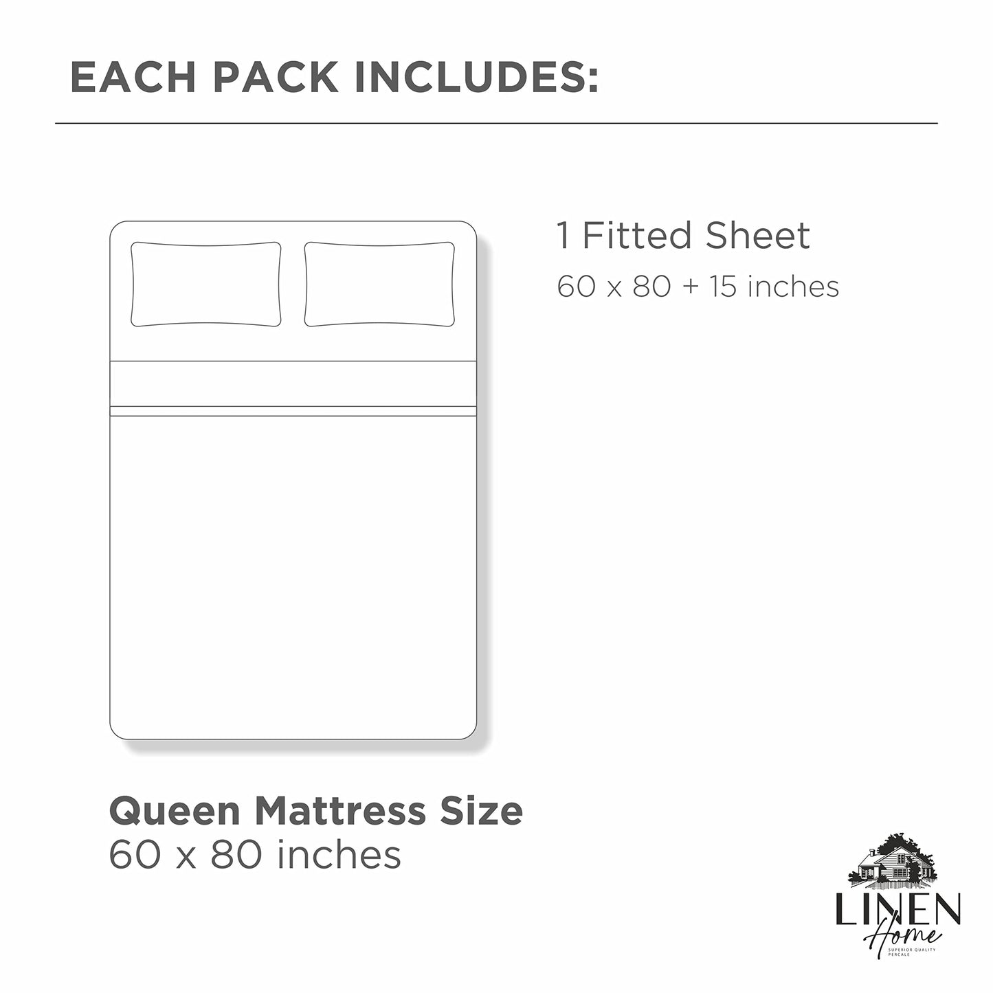 Linen Home 100% Cotton Percale Weave Fitted Sheet, Queen Size, White, 1 Deep Pocket Fitted Sheet, Fits Mattress Upto 16" Crisp and Cool Strong Bed Linen, 60"X80"+15"