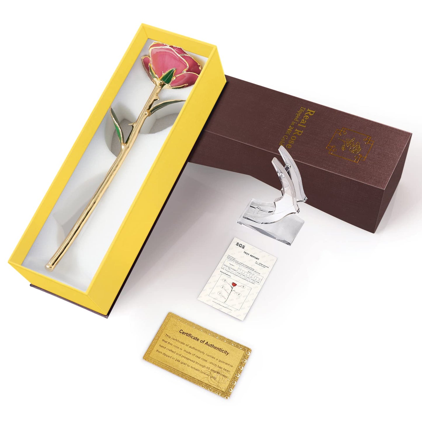 Gold Dipped Rose 24k: Yolife 24k Gold Dipped Real Rose Lasted Forever with Transparent Stand, Best for Her - for Valentine’s Day Mother’s Day Girlfriend Wife Birthday Wedding Flowers (Pink)