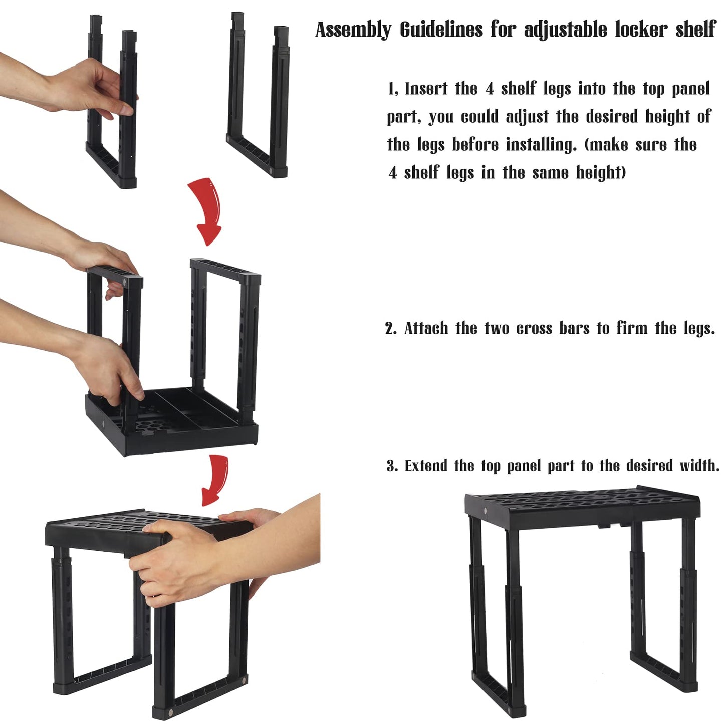 Adjustable Locker Shelf, Height and Width - Organizer for Work, School, Gym - Stack-able Stand Tools, Accessories - Black, Pack of 2