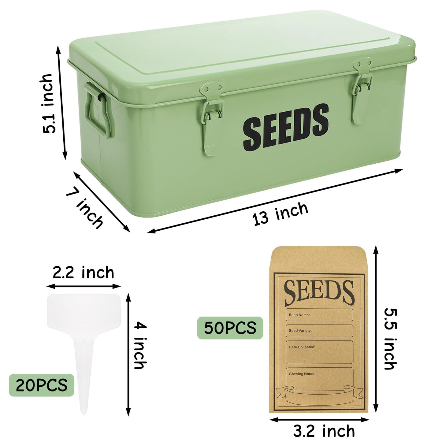 Mezchi Seed Storage Organizer Box with 4 Compartments, Large Metal Seed Packet Container with Lid & Safety Locks, Garden Seed Bin for Saving Seeds with 50 Plant Labels, 20 Envelopes