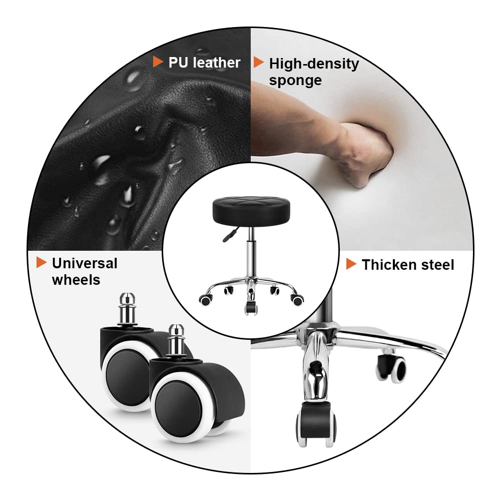KKTONER Round Rolling Stool PU Leather Height Adjustable Swivel Drafting Work SPA Salon Stools Chair with Wheels (Black)
