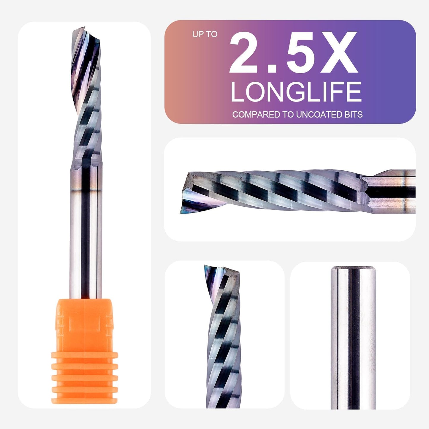 SpeTool 5PCS O Flute TAC Coated Spiral CNC Router Bit 1/4 Inch Shank 1 Inch Cutting Length, Single Flute End Mill for Acrylic Aluminum Wood Cut