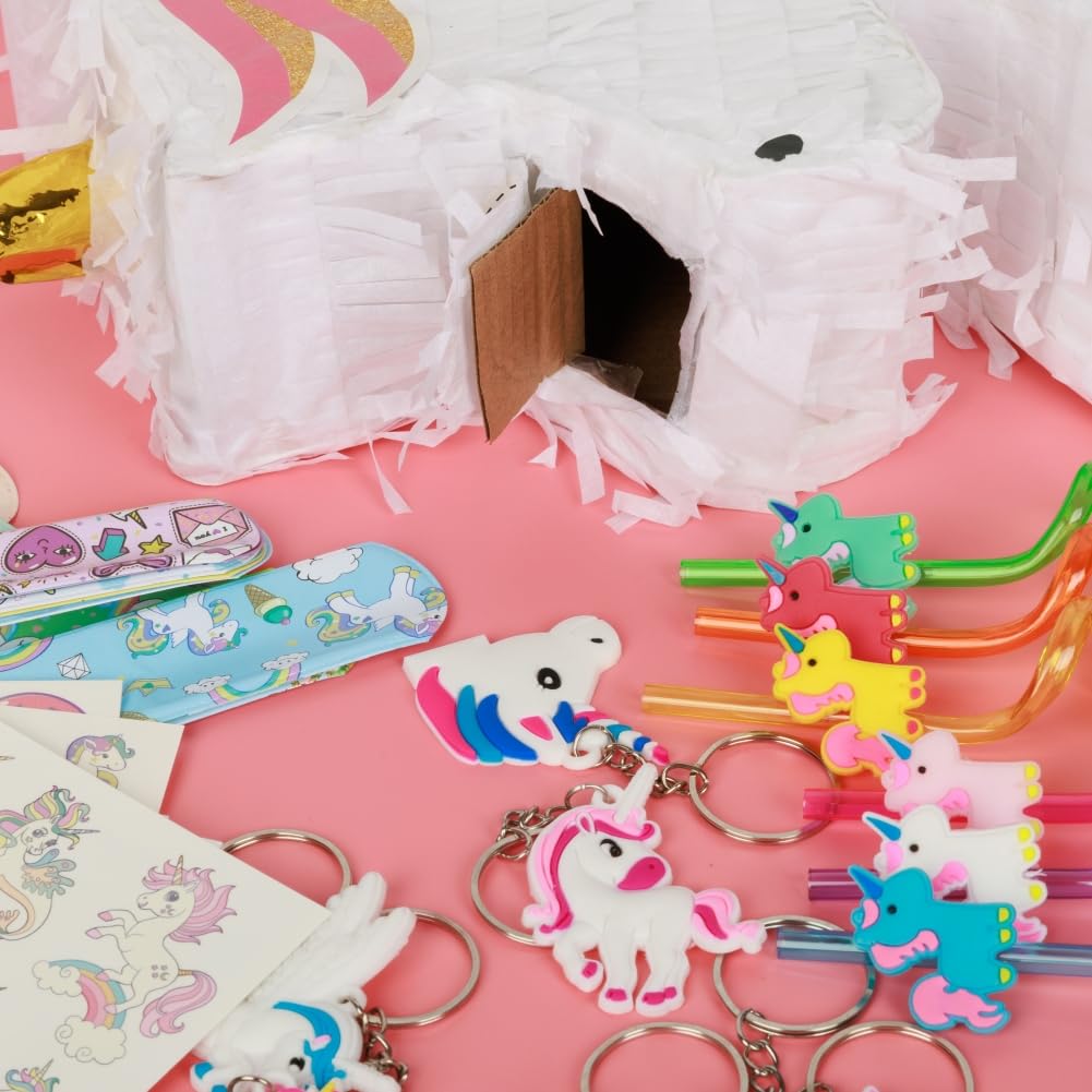 Unicorn Pinata Party Supplies Favors for Girl Birthday Party Unicorn Theme Party Supplies with Unicorn Pinata Headbands Straws Slap Bracelets Keychains Silicone Bands and Stickers (White)