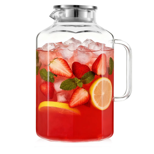 1 Gallon 128oz Octagon Glass Water Pitcher with Lid and Spout, Water Pitchers with Handle for Fridge, Borosilicate Glass Carafe for Hot/Cold Drink, Extra Large Jug for Iced Tea.