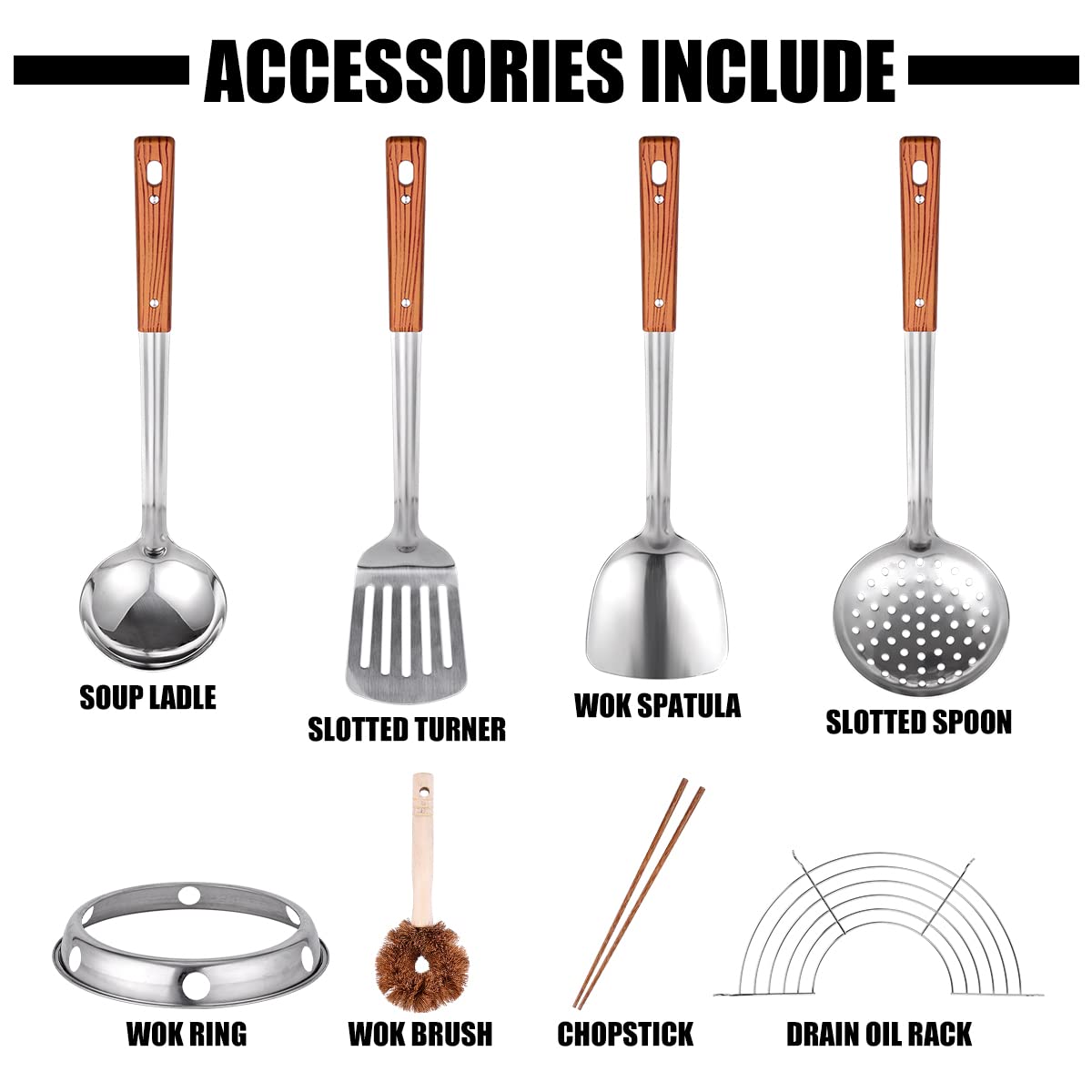 Teewe Carbon Steel Wok - Traditional Hand Hammered 13.4" Round Bottom Wok Pan Set with 8 Pcs Accessories