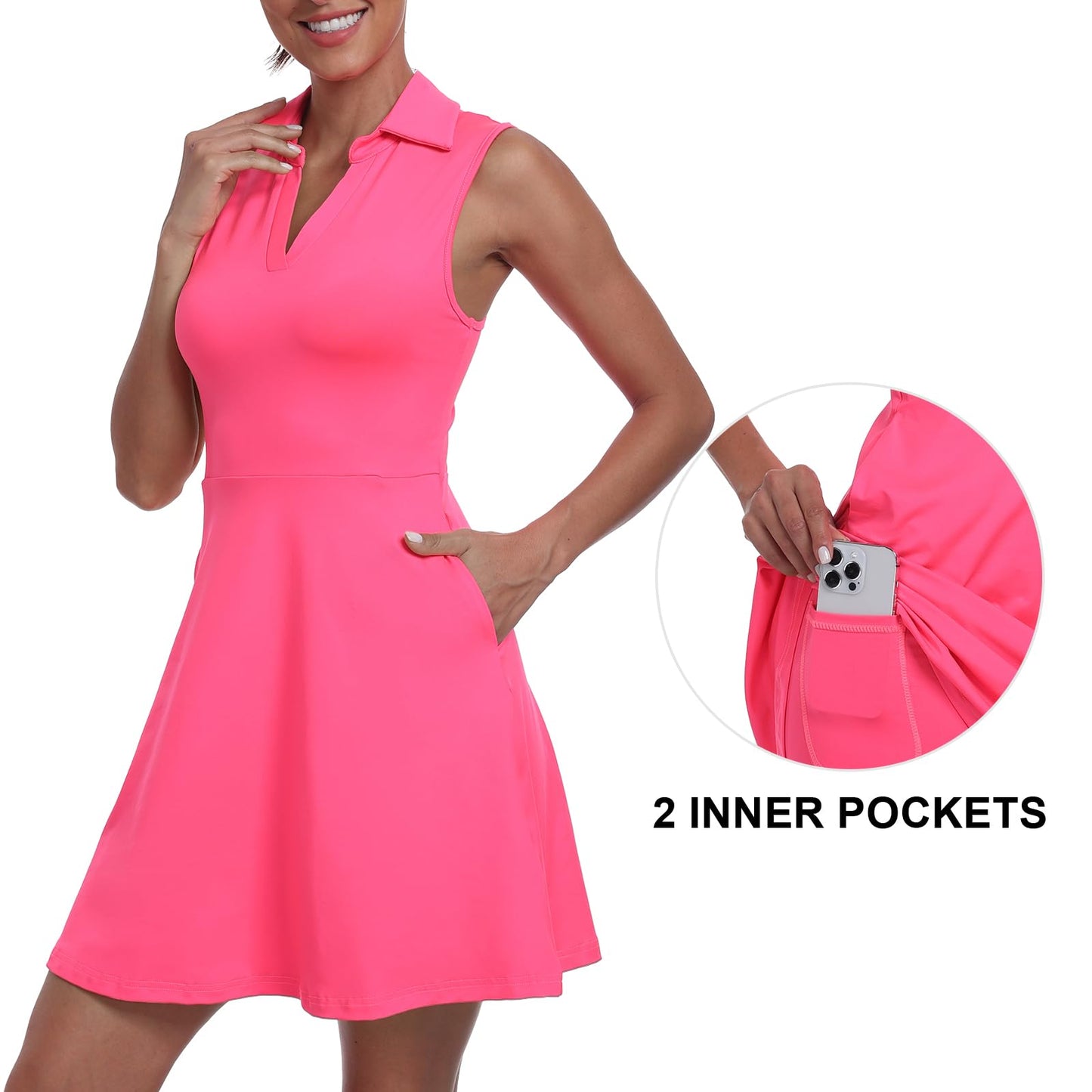 Womens Two Piece Tennis Golf Dress UPF 50+ Active Athletic Exercise Sports Wear Dresses for Women with Pocket Separate Shorts, 05 Pink, X-Large