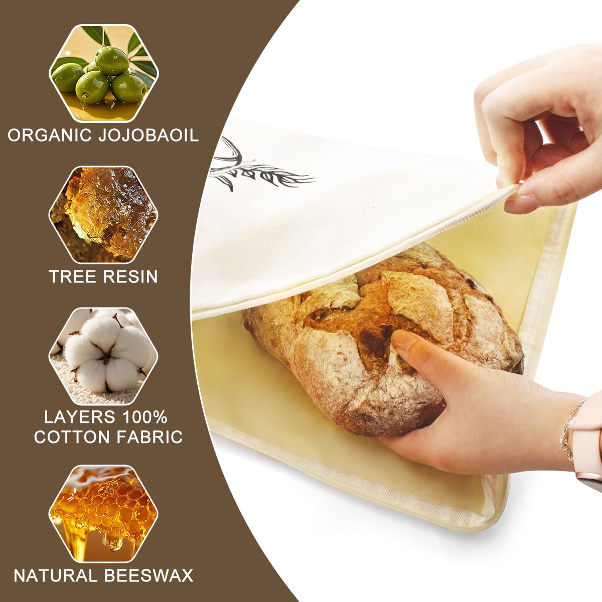 Beeswax Bread Bags for Sourdough & Homemade Bread,2 Pack XXL 17x13x1.2 Inch Reusable Organic Beeswax Linen Cotton Bread Storage with Wide Zipper Access to Keep Fresh,Sourdough Bags with Cleaning Brush