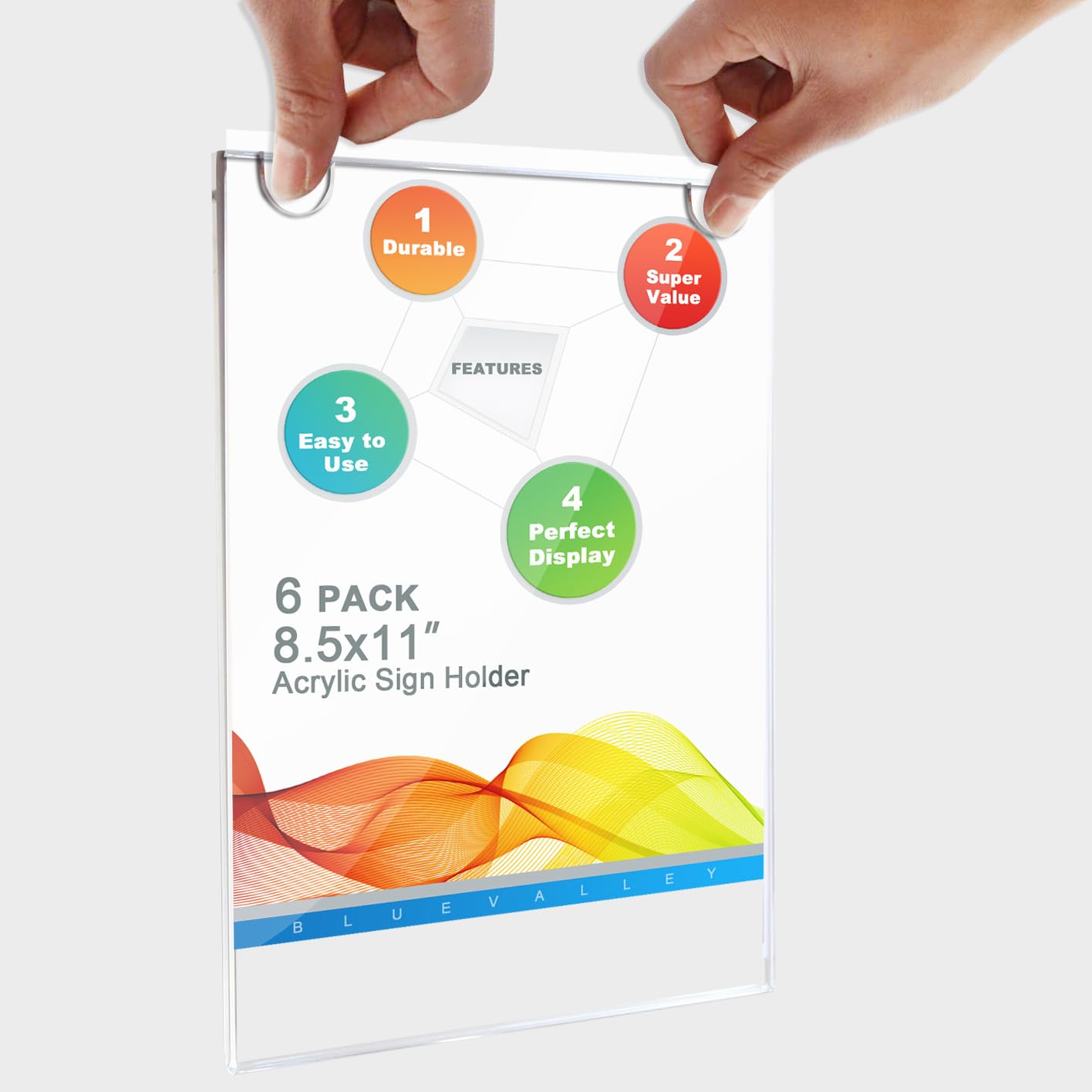 BlueValley Clear Acrylic Sign Holder 8.5x11" Wall Mount, 6 Pack Vertical Wall Document Brochure Menu Signs Holder with Mounting Sticker & Screw, Frameless A4 Poster Picture Frame for Door Wall Hanging Display Flyer Ad