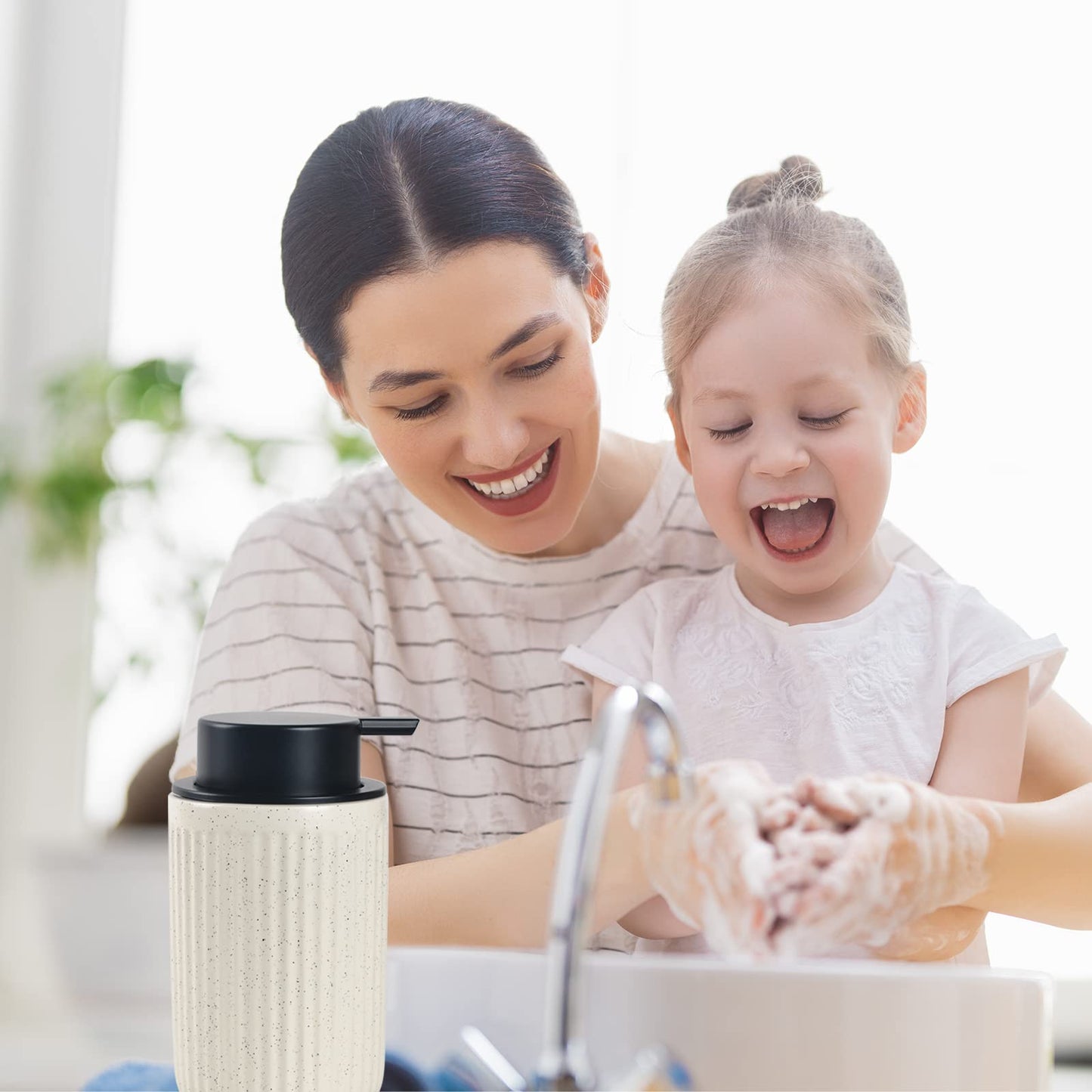 BosilunLife Foaming Soap Dispenser Set - Beige Ceramic Foam Hand Soap Dispenser 12ozwith Rust Proof Pump, Easy Pressing & Refillable, 4Pcs Clear Stickers for Kitchen, Bathroom - 2 Pack