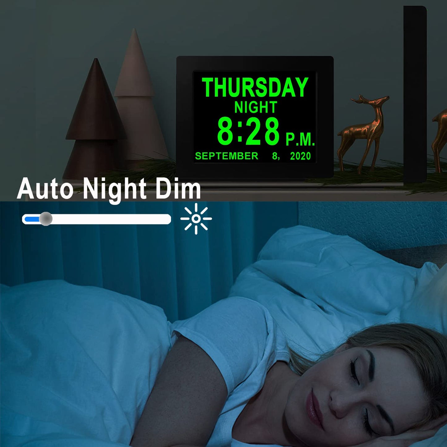 【Upgraded】 Dementia Clock 2.0 with 20 Alarms Custom Reminders, 8" Large Calendar Day Clock, AM/PM, Auto DST, 6 Display, 10 Levels Auto Dimmer, 8 Inch Clock with Day & Date for Elderly