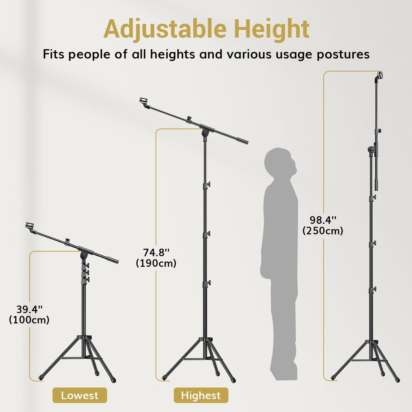 TONOR Mic Stand, Microphone Stand with Tablet Holder, Tripod Boom Arm for Floor, Adjustable Height and Angle, Heavy Duty DJ Stand with Carrying Bag, Phone and iPad Clamp
