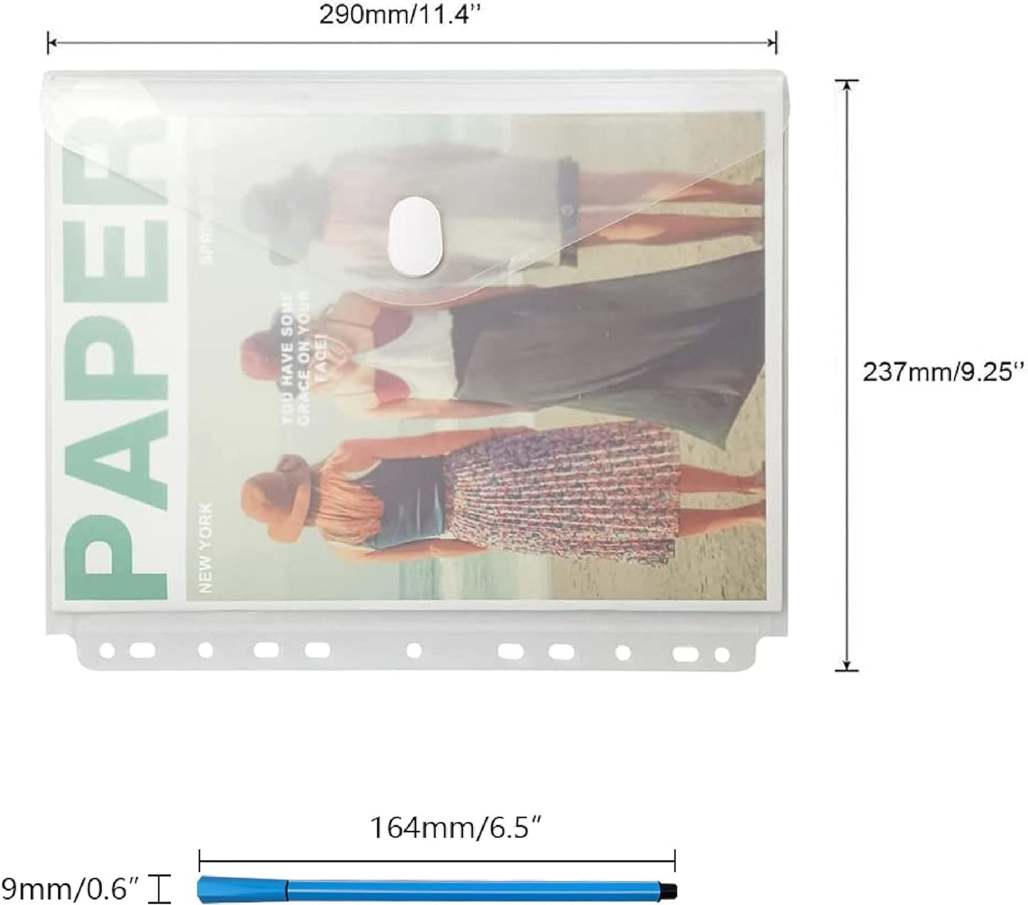 YoeeJob 11 Holes Clear Poly Envelope Binders Pocket Insert with Hook and Loop Closure Letter Size 30 Packs