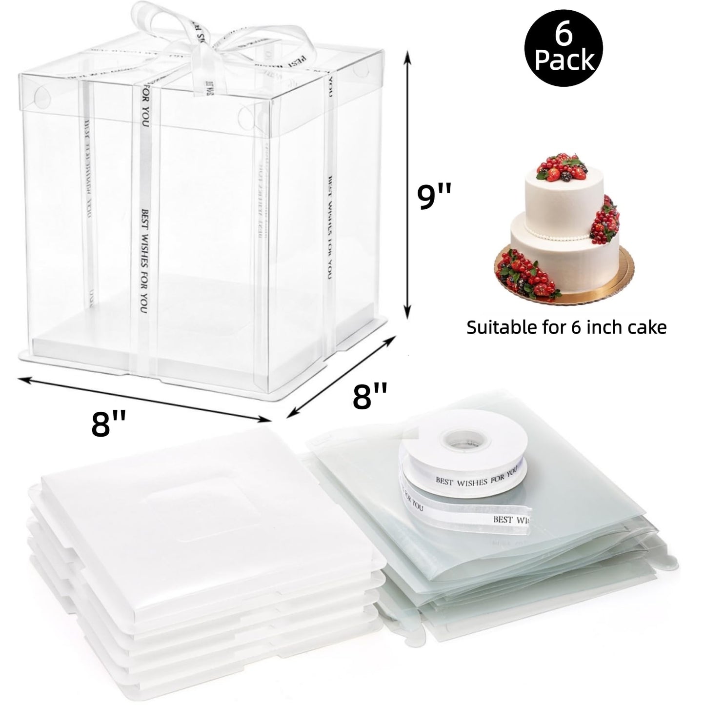 Cididu 6 Pcs Clear Cake Box with Ribbon, 2-Layer Tall Cake Packaging Boxes 8x8x9 Inch, PET Cake Carrier Transport Container for Tiered Cakes, Transparent Gift Display Boxes with Lid for Birthday Party
