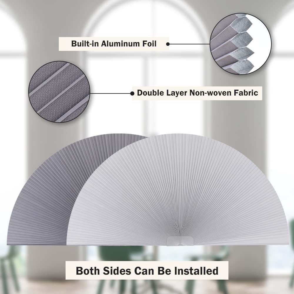 LUCKUP Arch Window Shades Half Circle Blackout Cellular Pleated Blinds Dual Color Semi Circular Honeycomb Windows Curtains for Half Moon Round Windows, Easy Cut and Install 24"x72", Grey-White