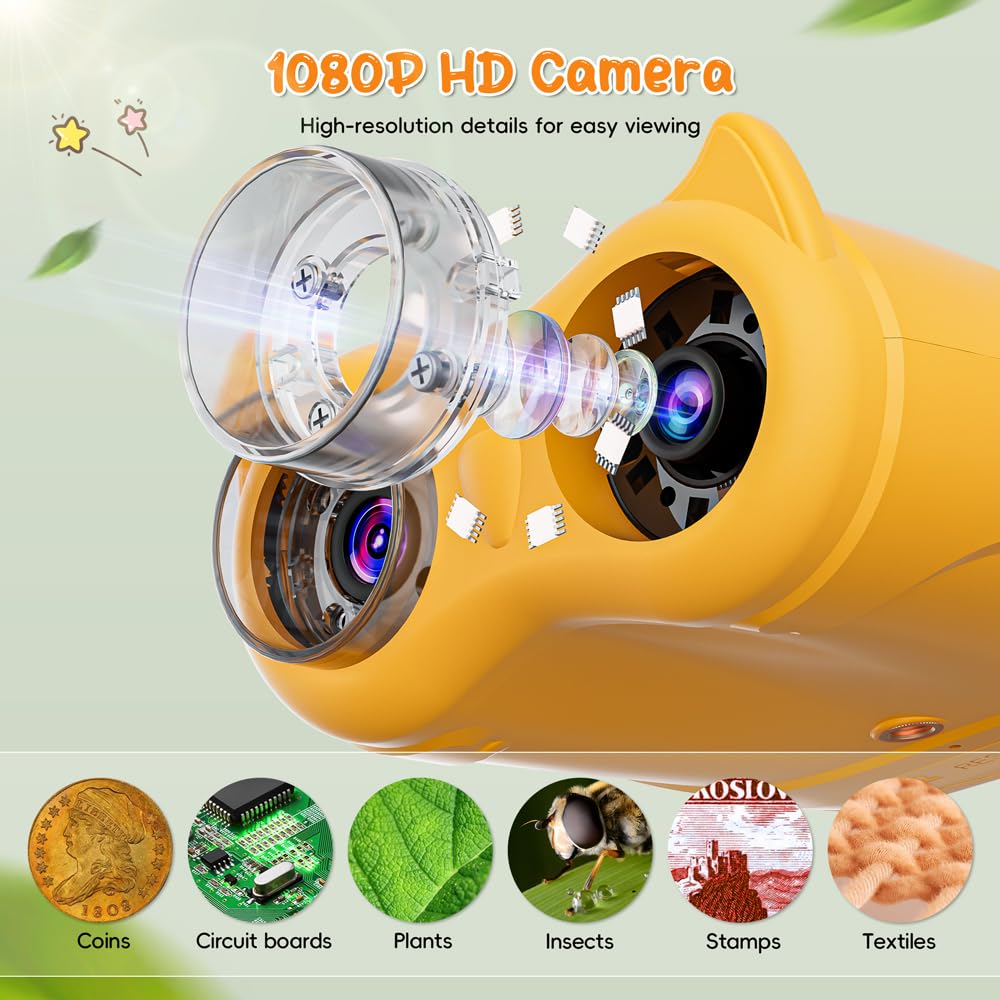 Temodu 2-in-1 Kids Microscope Telescope, 2.0" 1000X Digital Microscope for Kids, HD Portable Education Telescope for Kids Birthday Festival Gift, Science Fun Toys for Children Age 4-12 (Yellow)