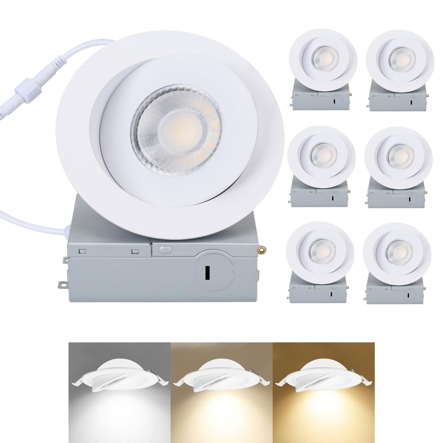 CSACCT LIGHT Ultra Thin 4 Inch Gimbal LED Recessed Pot Lights, 9W 900LM Dimmable, 3000K 4000K 5000K Selectable, IC Rated with Junction Box, ETL Listed, 6 Pack