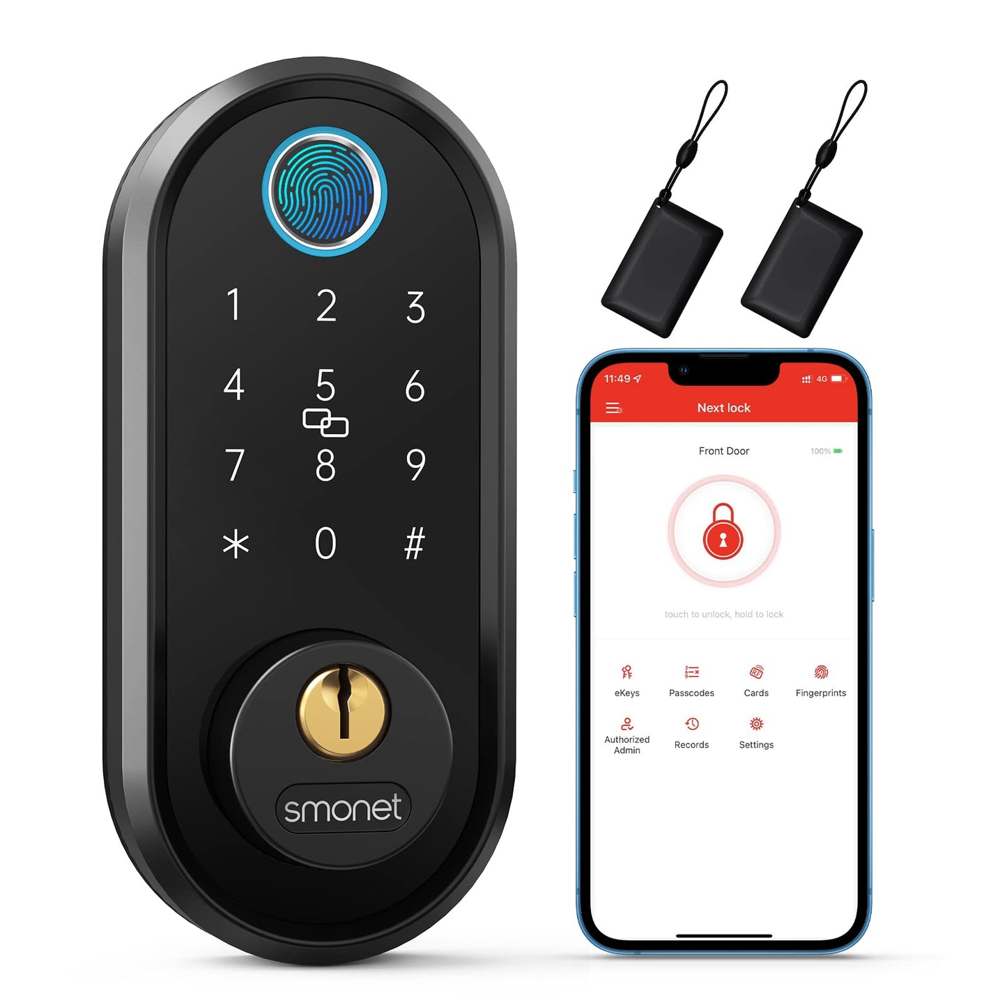 SMONET Smart Front Door Lock: Keyless Entry Door Lock for Front Door, Electronic Bluetooth Deadbolt with Biometric Fingerprint, Keys, Fobs, Auto Lock, Smart Phone Control for Home,Apartment
