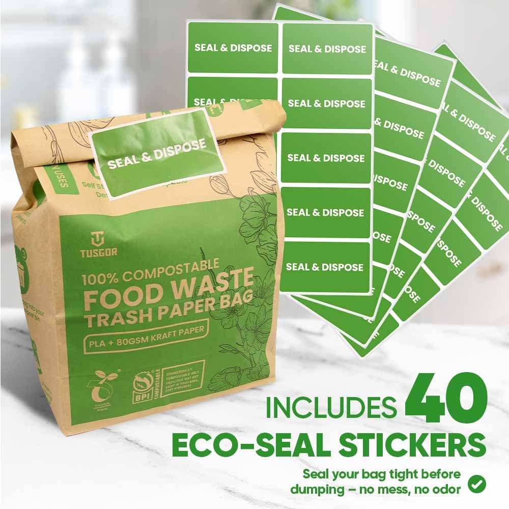 Kitchen Food Waste Bags – 40 bags – 100% Compostable Paper – Leak-resistant liner – Completely Plastic-free & Environmentally Friendly – Certified by BNQ & BPI - 40 Brown Paper Compostable Bags (40)