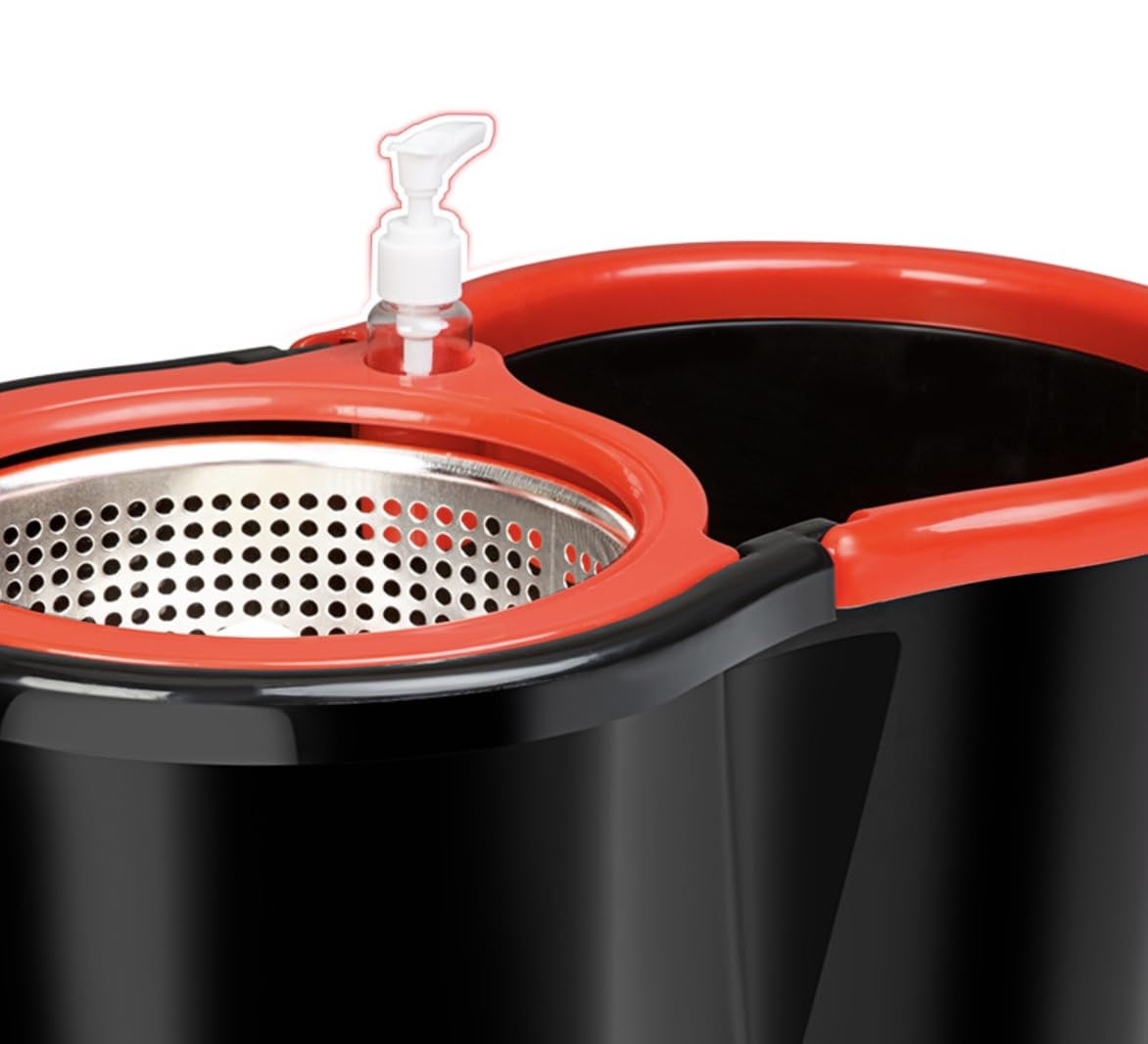 SHOPONTO Spin Mop and Bucket System with Stainless Steel Wringer, Microfiber Mop, Black/Red, 45x26x23 cm Bucket, Telescopic Handle 90-120 cm, 2 Mop Heads, 360 Spin Mop Floor Cleaning Set