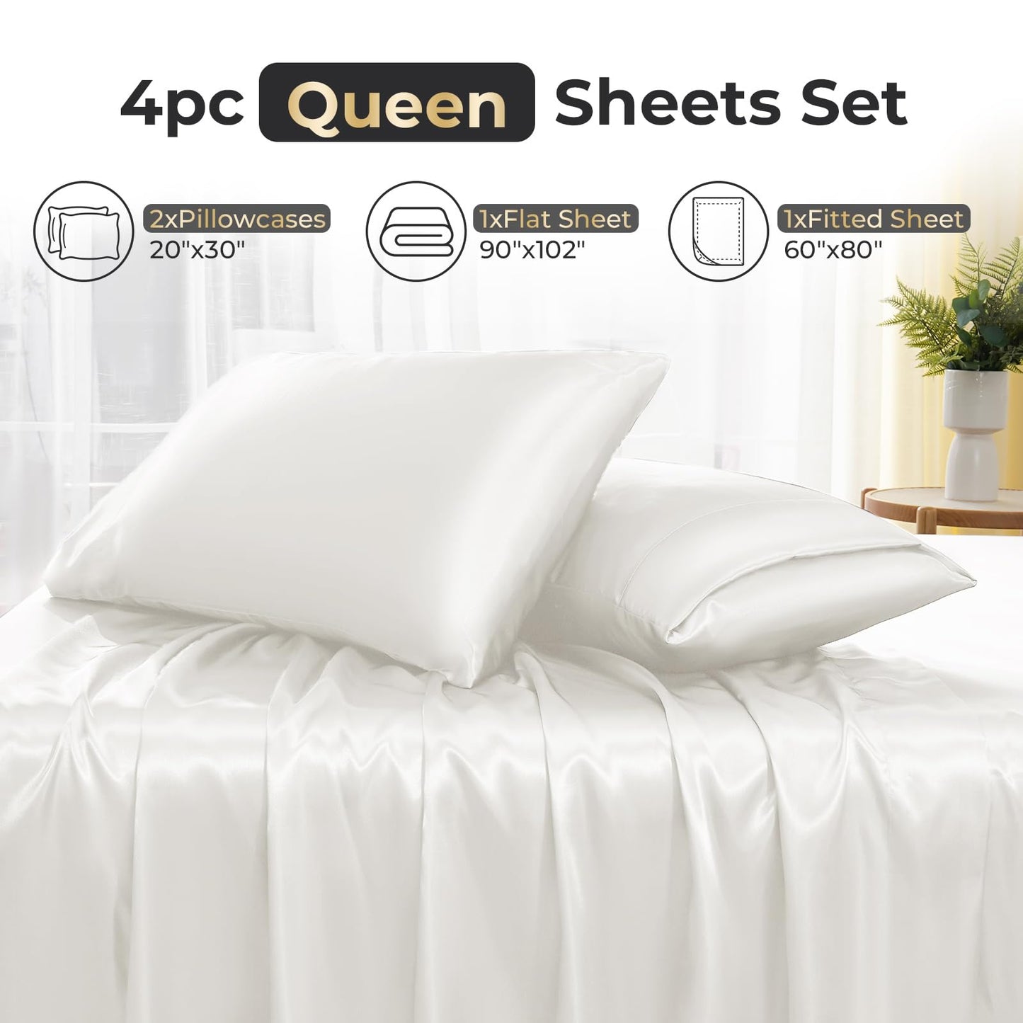 Sasttie Satin Sheets Queen - 4 Pieces Luxury Soft White Silky Bed Sheets Set with Pillowcases - Smooth Silk-Like Drap Satin Fabric, Reinforced 14 Inches Pocket, Oeko-Tex Certified