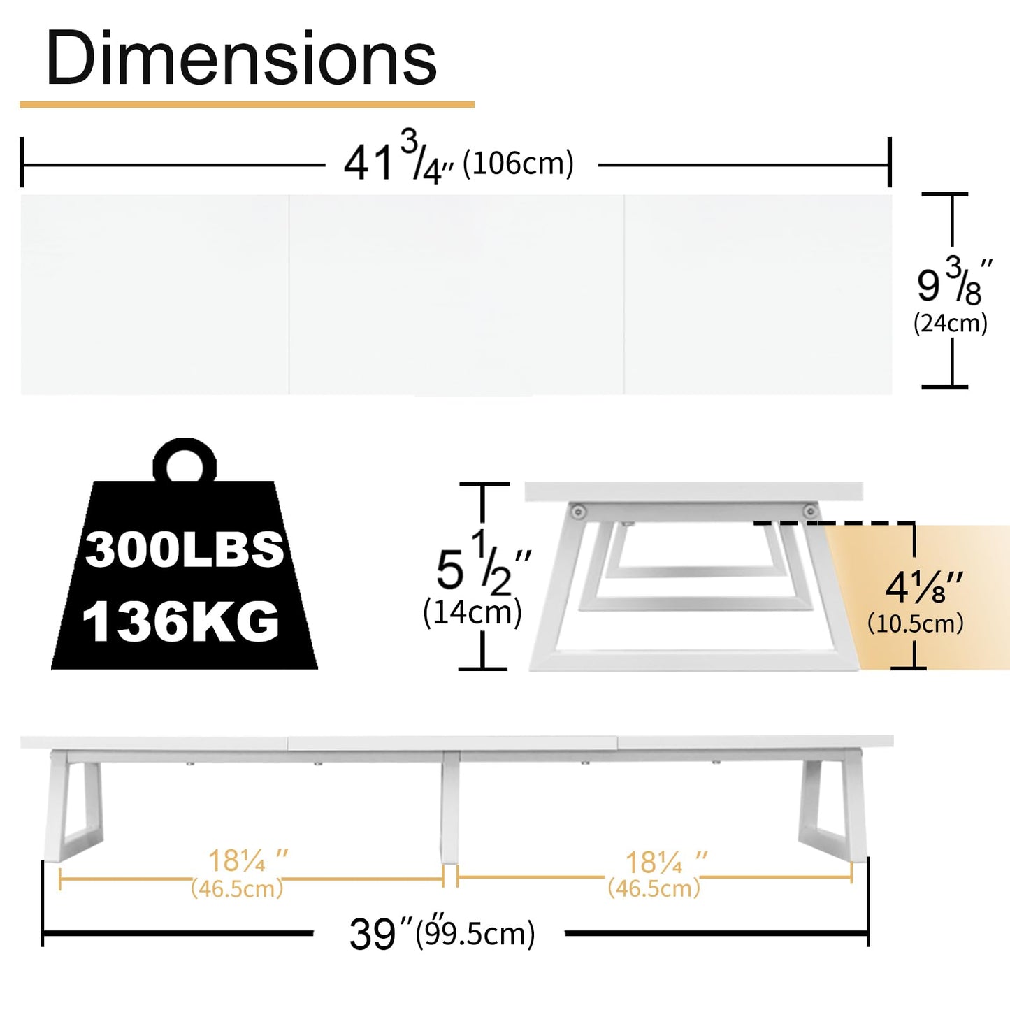 TEAMIX 42 inch White Monitor Riser for 2 Monitors, Wood Desktop Dual Stand with Metal Legs, Long Screen/PC/Laptop Storage,Computer Shelf TV Holder Home Office