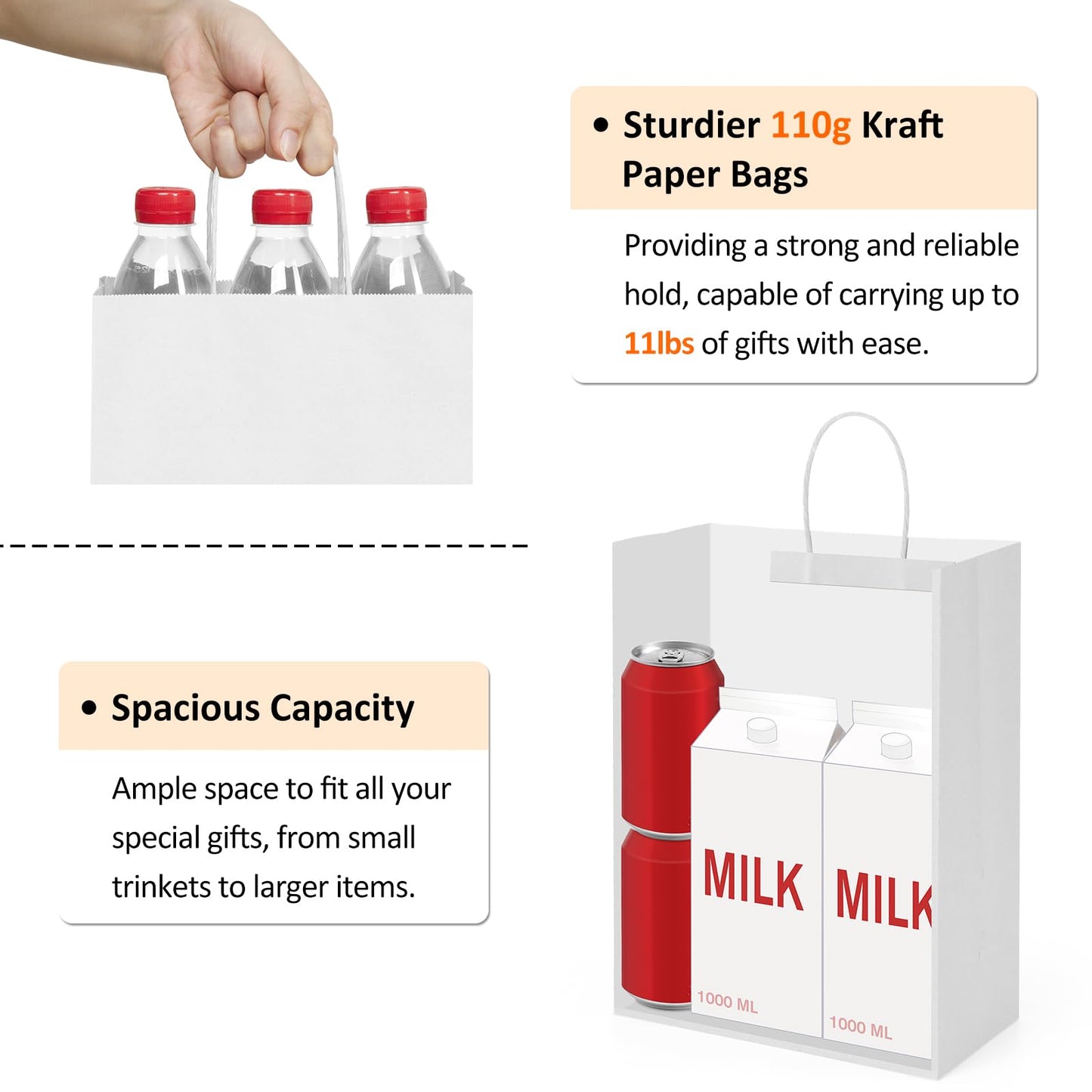 BagDream Gift Bags 10x5x13 100Pack White Kraft Paper Bags Large Size 100% Recyclable Gift Bag with Handles Shopping Merchandise Retail Wedding Party Favor Grocery Paper Lunch Bags Bulk
