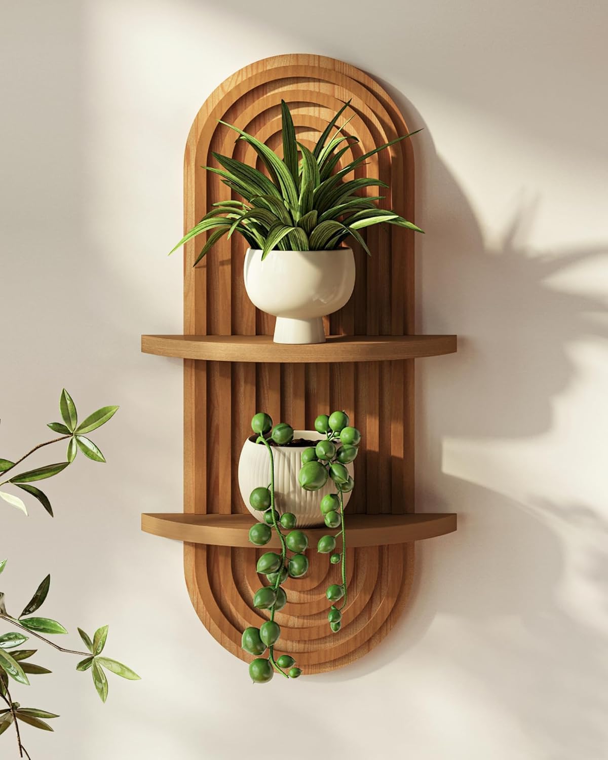 Aoipend Boho Wall Decor Brown Plant Wall Shelf, Mid Century Modern Decor Hanging Plant Shelf, 2-Tier Wooden Floating Shelves for Home, Bathroom Bedroom Living Room, Office Holding Planter