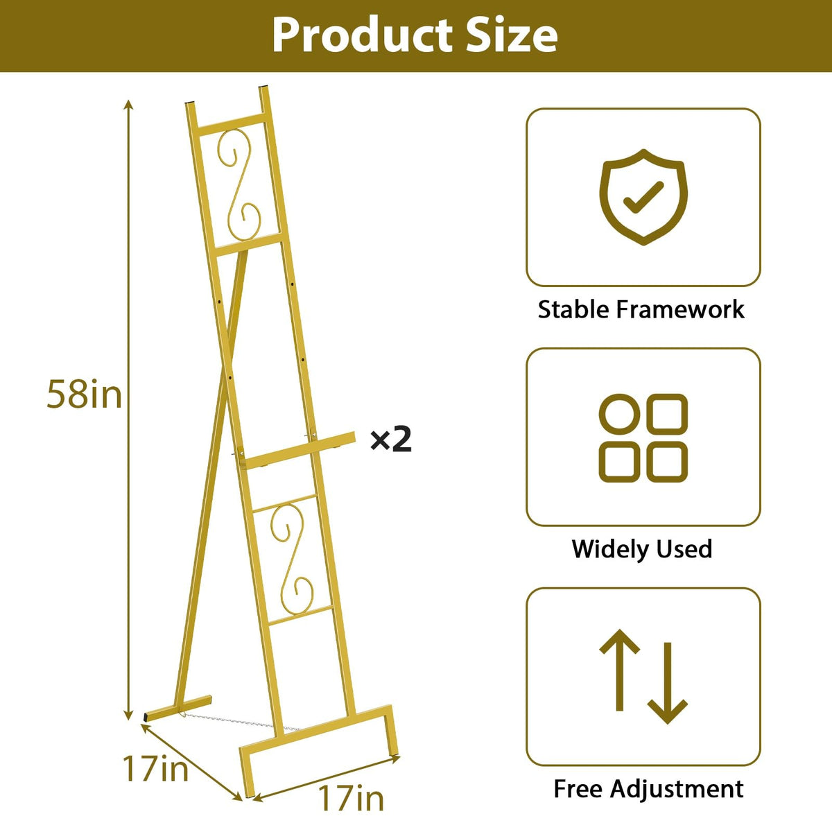 2 Pack Gold Easel Stand for Sign, Adjustable Metal Easels with Chain Support, Welcome Sign Stand for Painting, Display, Poster Picture, Wedding Sign (17" x 17" x 58")