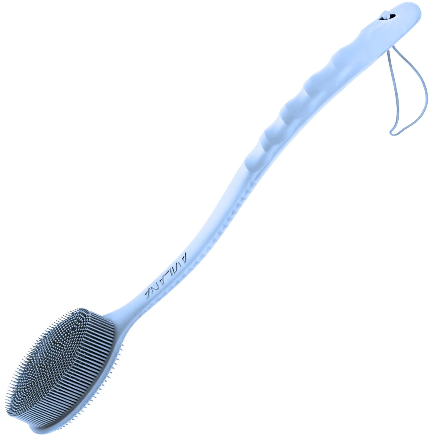 Avilana Silicone Body Scrubber - Food Grade & Lab Tested, Gentle Exfoliating Shower Brush for All Skin Types, Hygienic Quick-Dry Loofah Alternative, BPA-Free Body Brush (Blue, Long Handle)