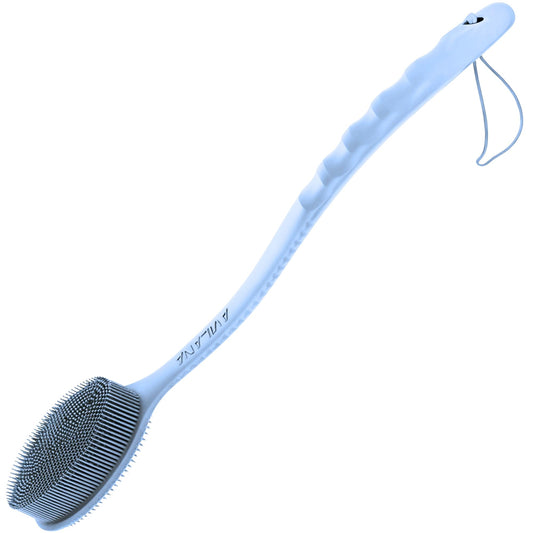 Avilana Silicone Body Scrubber - Food Grade & Lab Tested, Gentle Exfoliating Shower Brush for All Skin Types, Hygienic Quick-Dry Loofah Alternative, BPA-Free Body Brush (Blue, Long Handle)